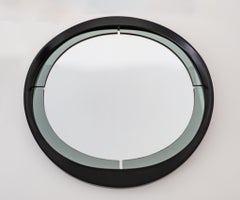 Mid-Century Modern Round Wooden Smoked Glass Wall Mirror Italy 1970s