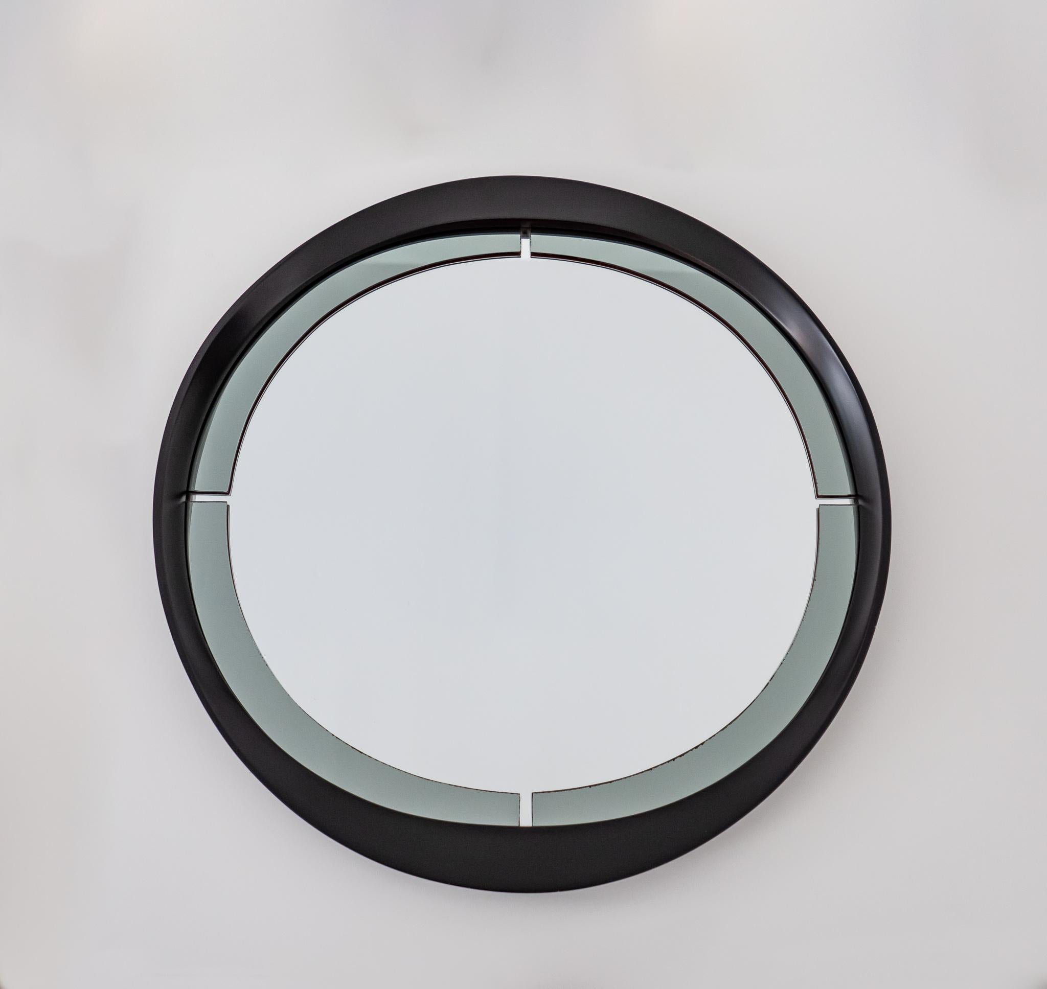 Italian Mid-Century Modern Round Wooden Smoked Glass Wall Mirror Italy 1970s For Sale