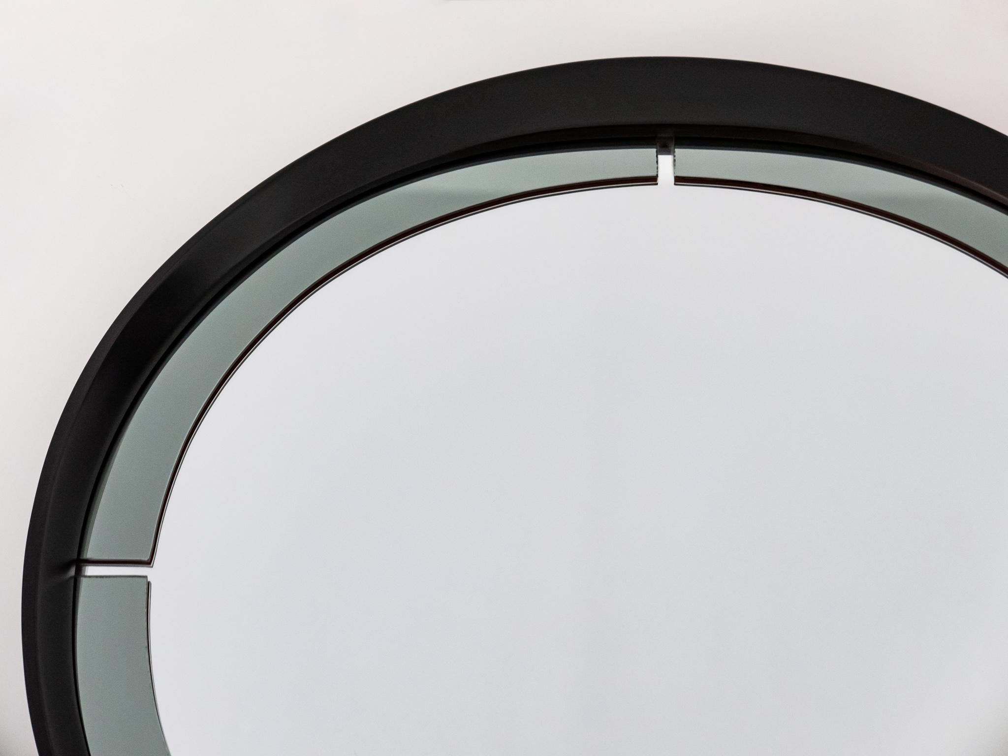 Late 20th Century Mid-Century Modern Round Wooden Smoked Glass Wall Mirror Italy 1970s For Sale