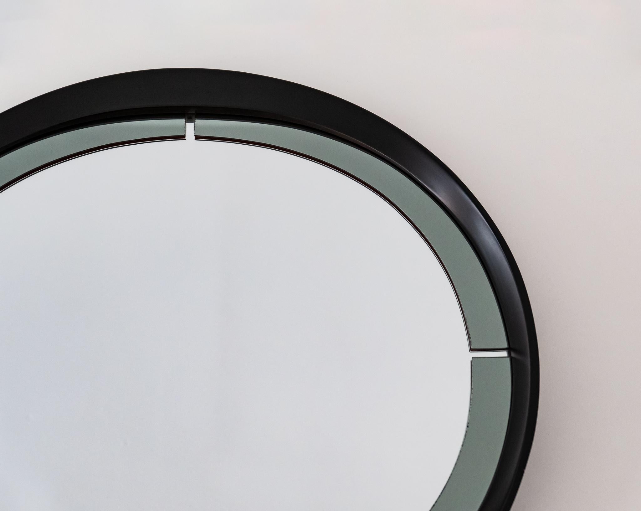 Mid-Century Modern Round Wooden Smoked Glass Wall Mirror Italy 1970s For Sale 1