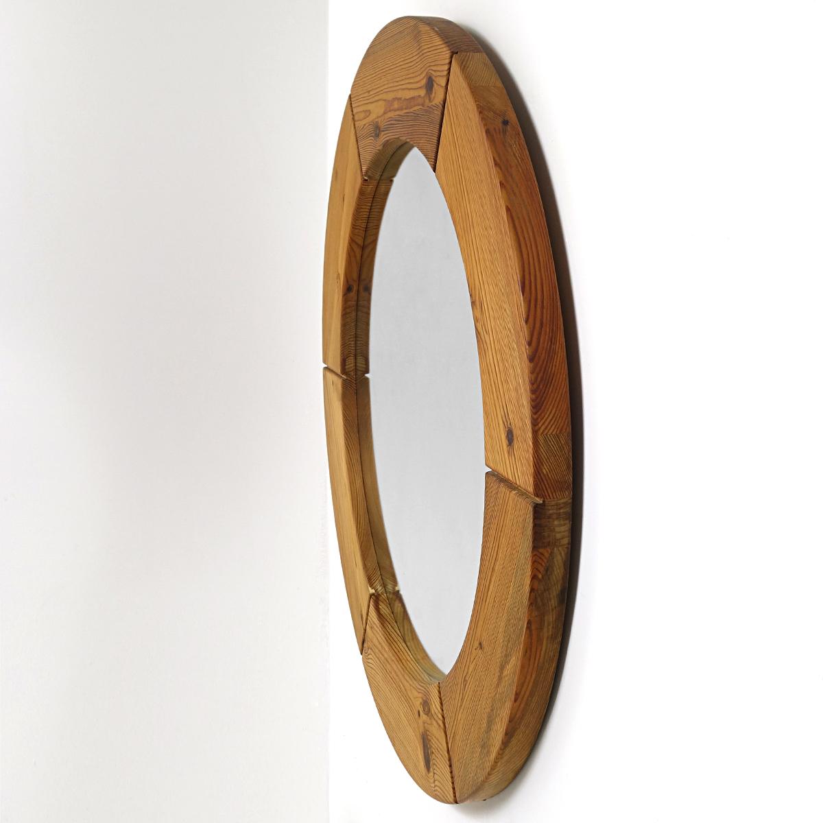 Swedish Mid-Century Modern Round Wooden Wall Mirror by Glasmäster Markaryd