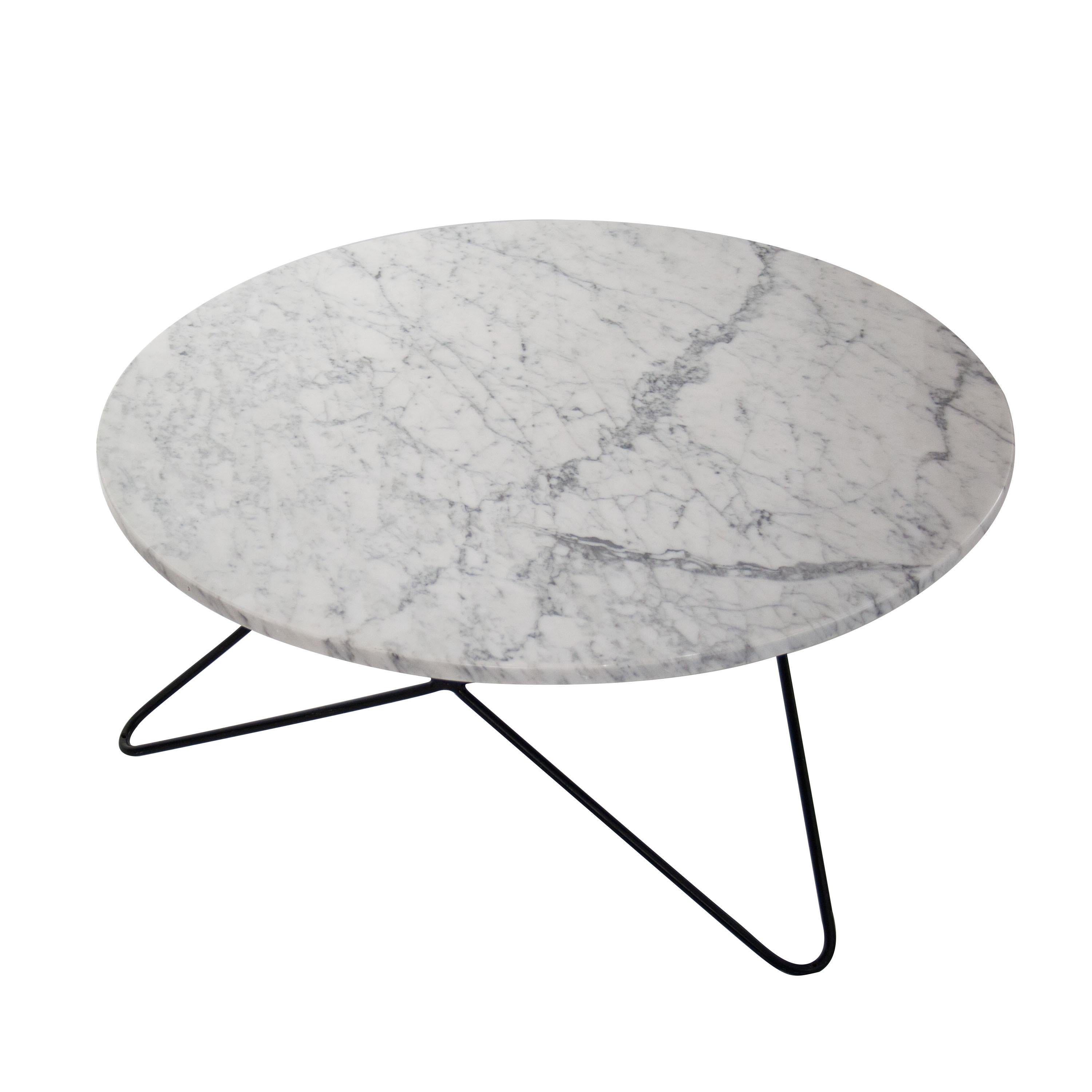 Mid-Century Modern rounded Carrara marble center table with black lacquered iron structure.
