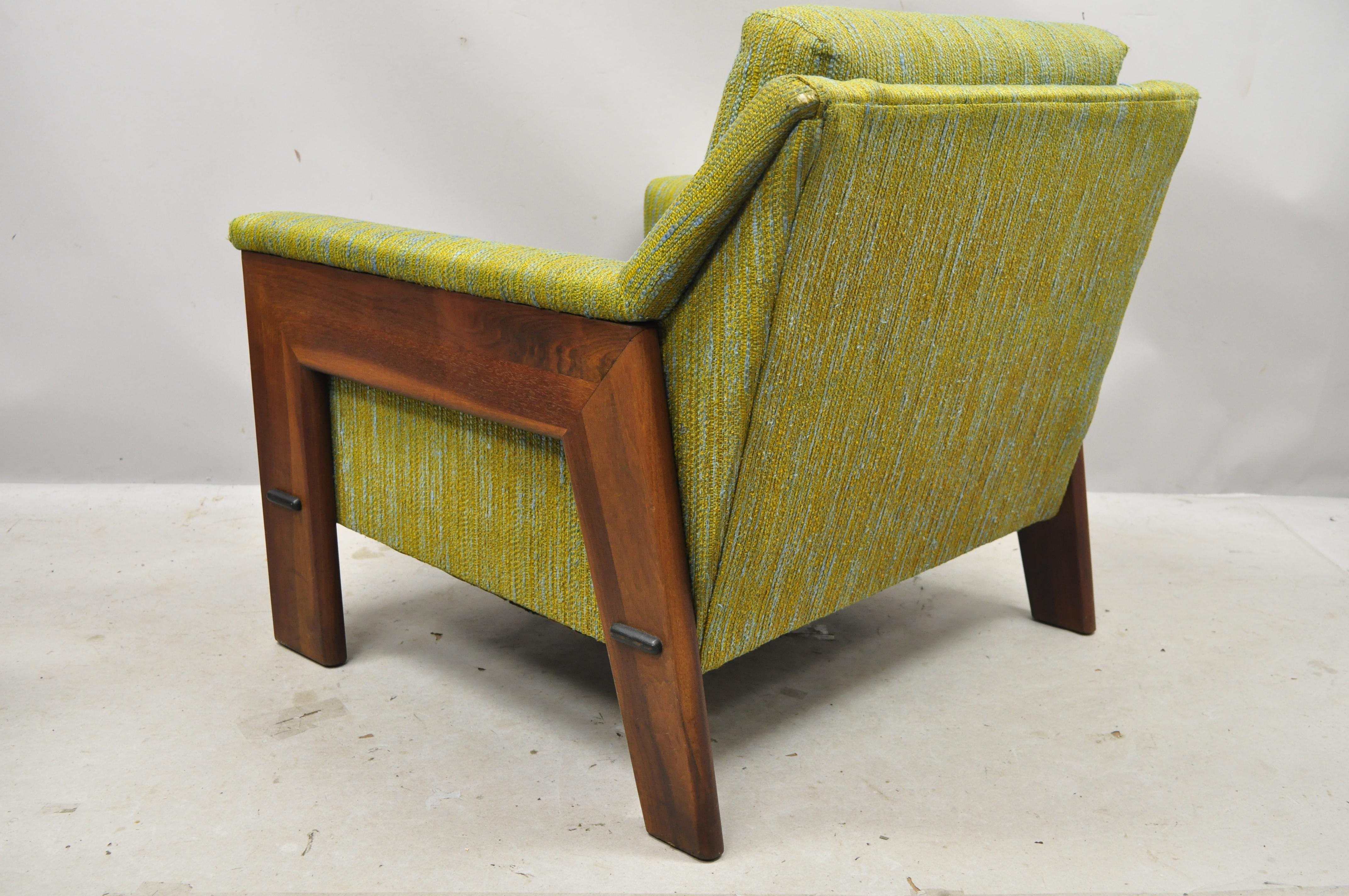 Mid-Century Modern Rowe Walnut Lounge Club Chair Original Green Blue Fabric 3