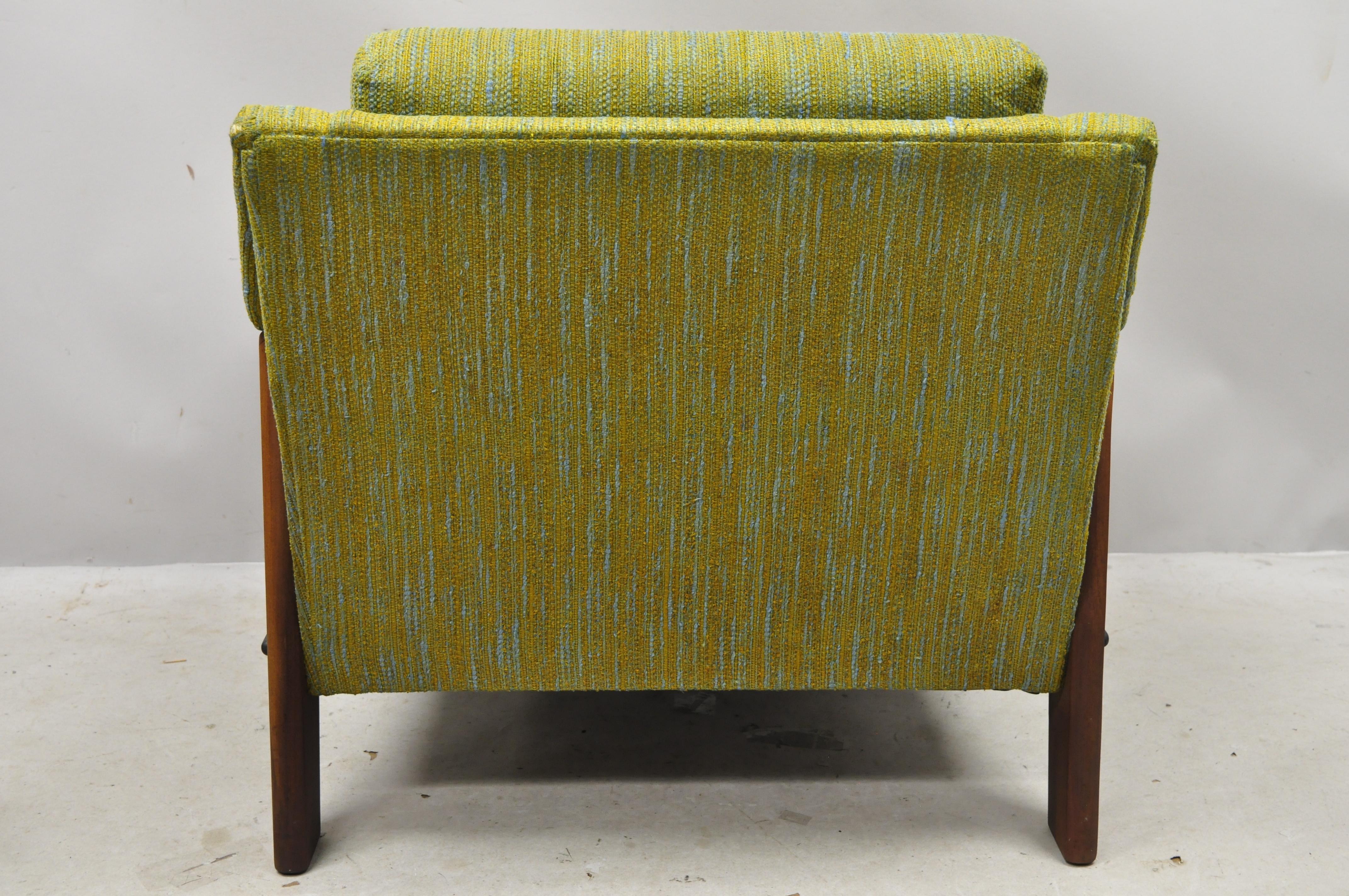 Mid-Century Modern Rowe Walnut Lounge Club Chair Original Green Blue Fabric 1