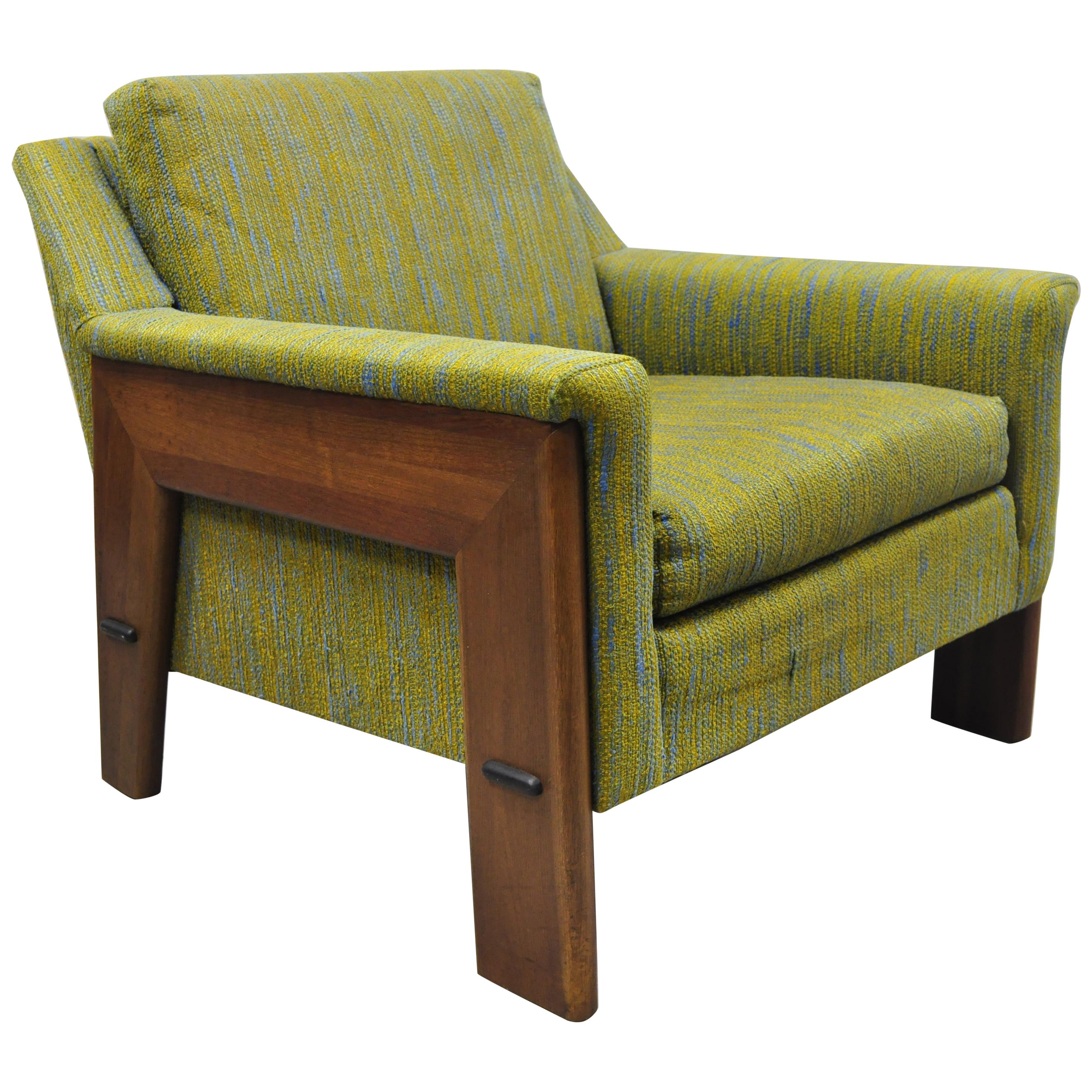 Mid-Century Modern Rowe Walnut Lounge Club Chair Original Green Blue Fabric