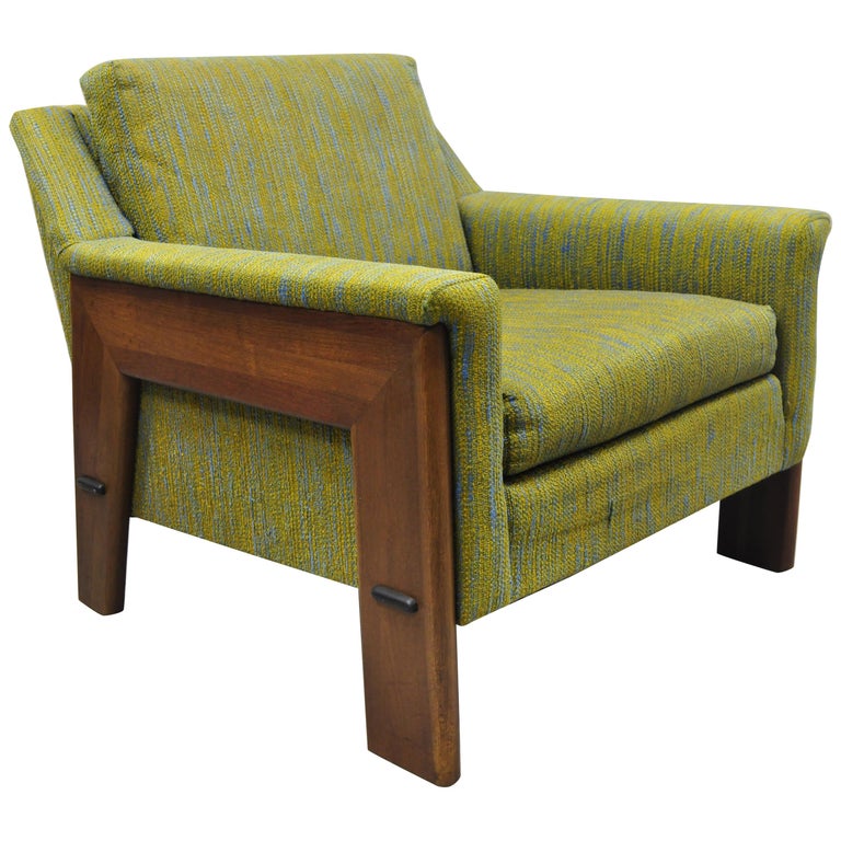 Mid-Century Modern Rowe Walnut Lounge Club Chair Original Green Blue Fabric For Sale