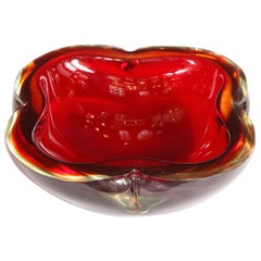 Vintage Mid-Century Modern Ruby Hand Blown Murano Bowl with Citrine Accents