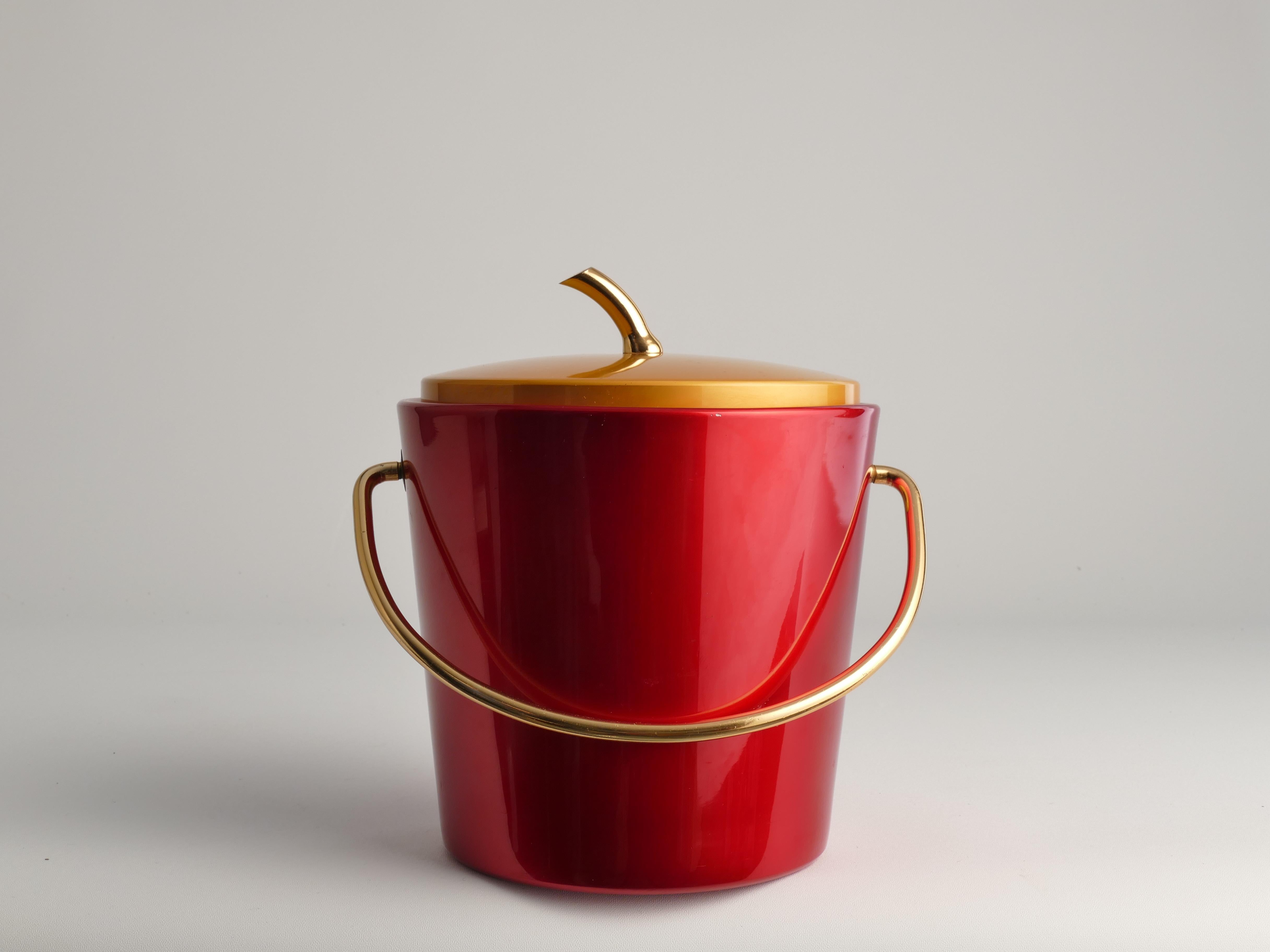 French Mid-Century Modern Ruby Red and Gold Ice Bucket by Luxium, France, 1970s For Sale