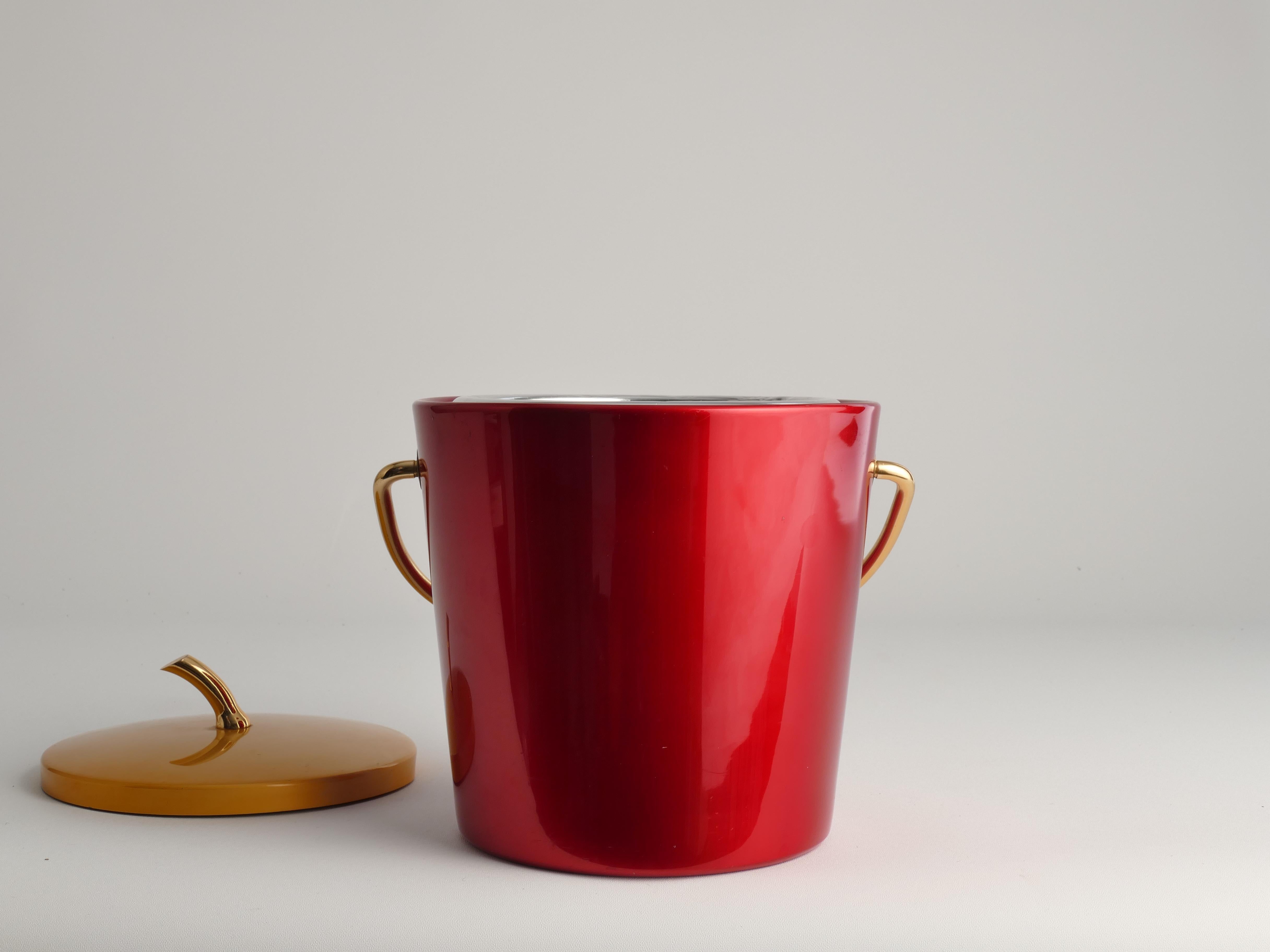 Late 20th Century Mid-Century Modern Ruby Red and Gold Ice Bucket by Luxium, France, 1970s For Sale