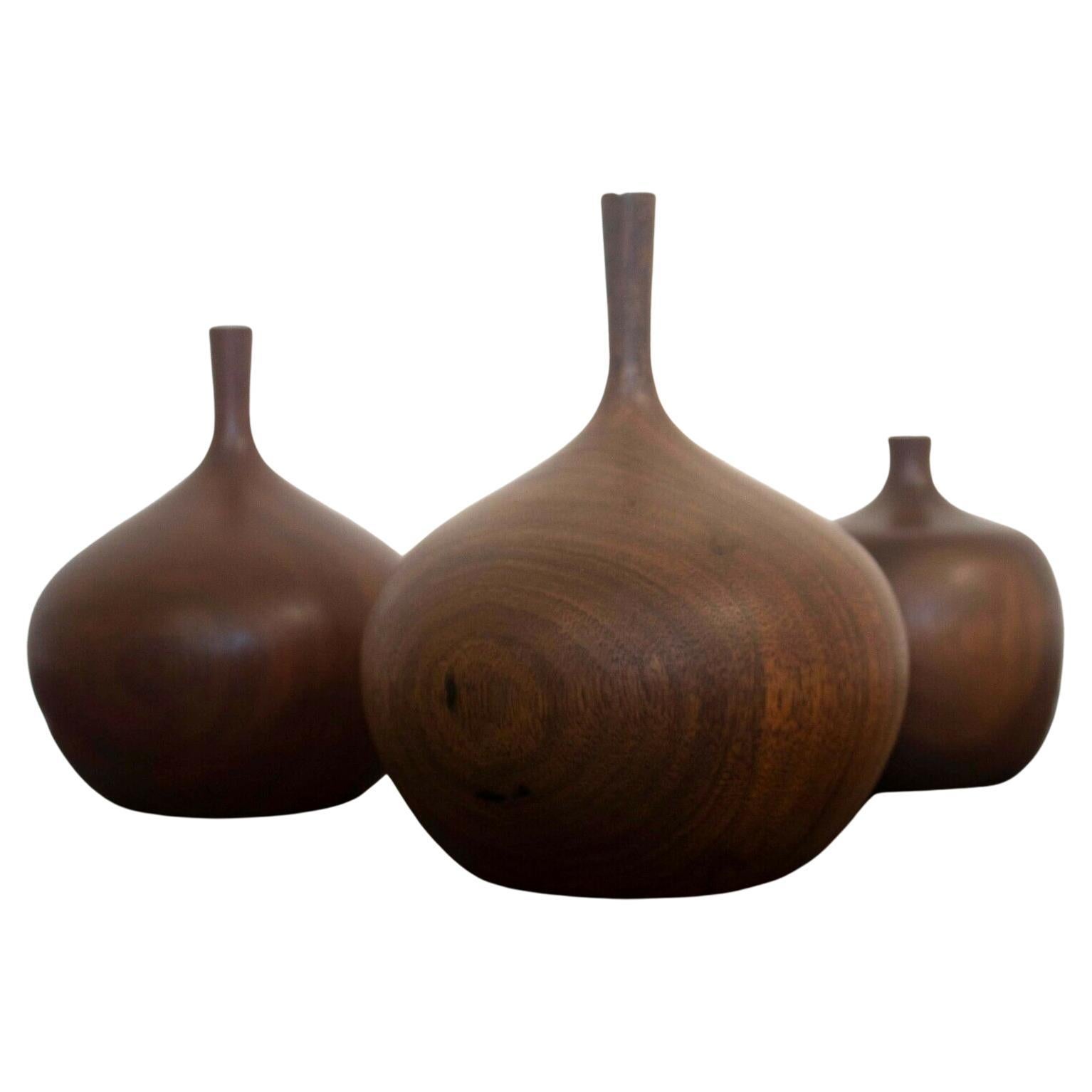 Mid Century Modern Rude Osolnik Set of 3 Carved Walnut Wood Vessels Signed