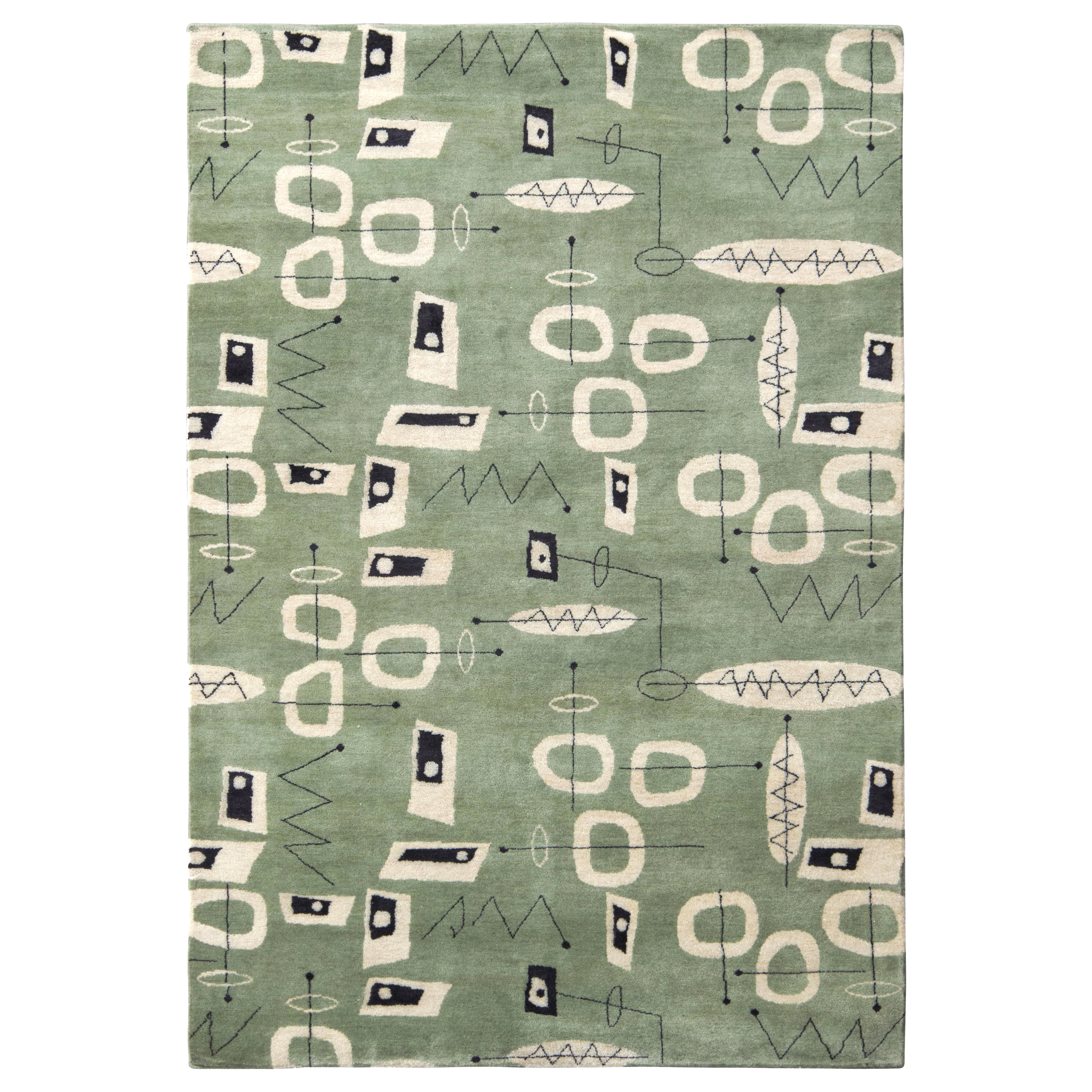Made with unique blend of hand knotted New Zealand wool, all natural silk, and exotic proprietary yarns in 4 x 6 size, this Mid-Century Modern rug hails from the latest additions to the Mid-Century Modern Collection by Rug & Kilim, the first
