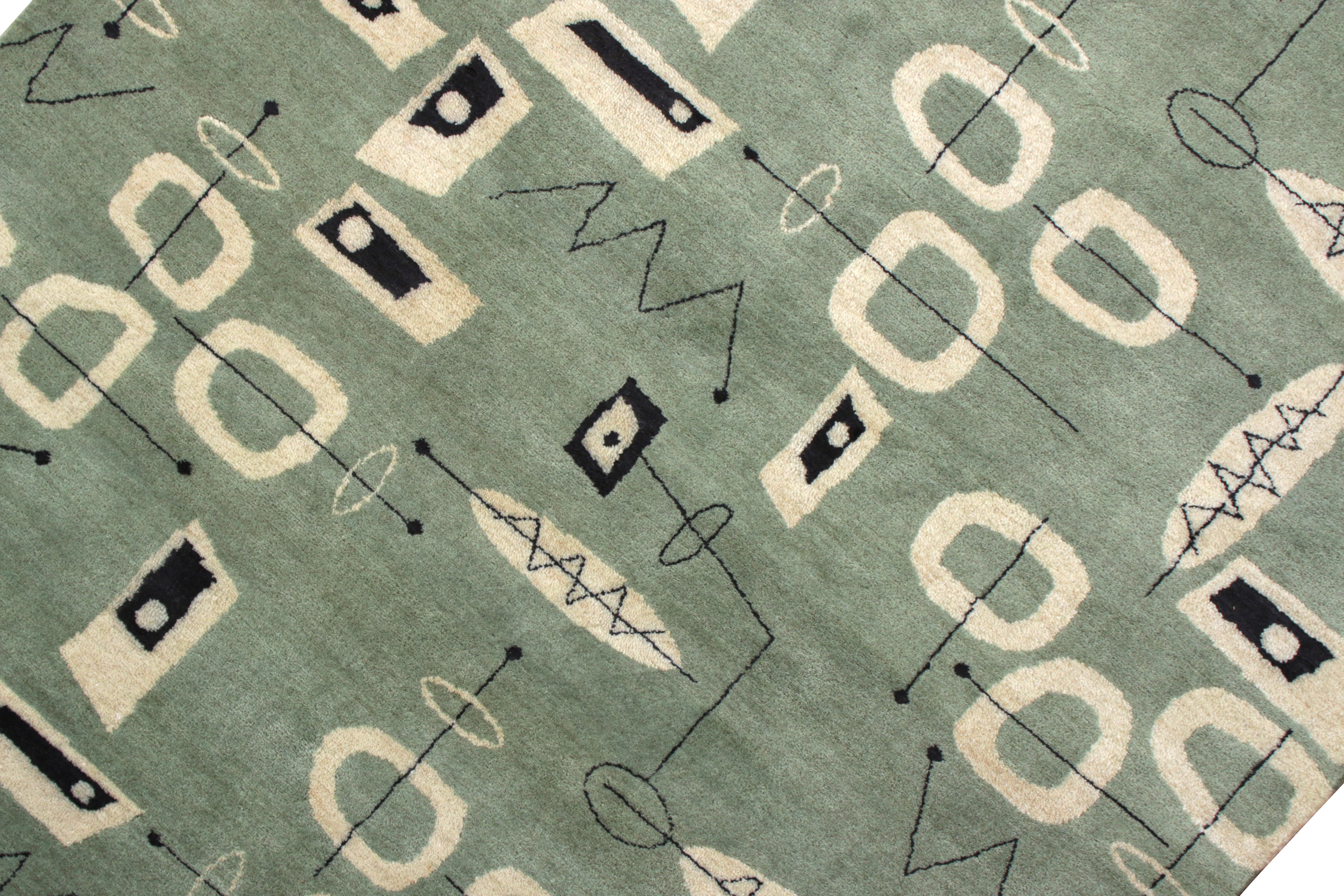 Indian Rug & Kilim's Mid-Century Modern Rug in Green and Beige All-Over Pattern