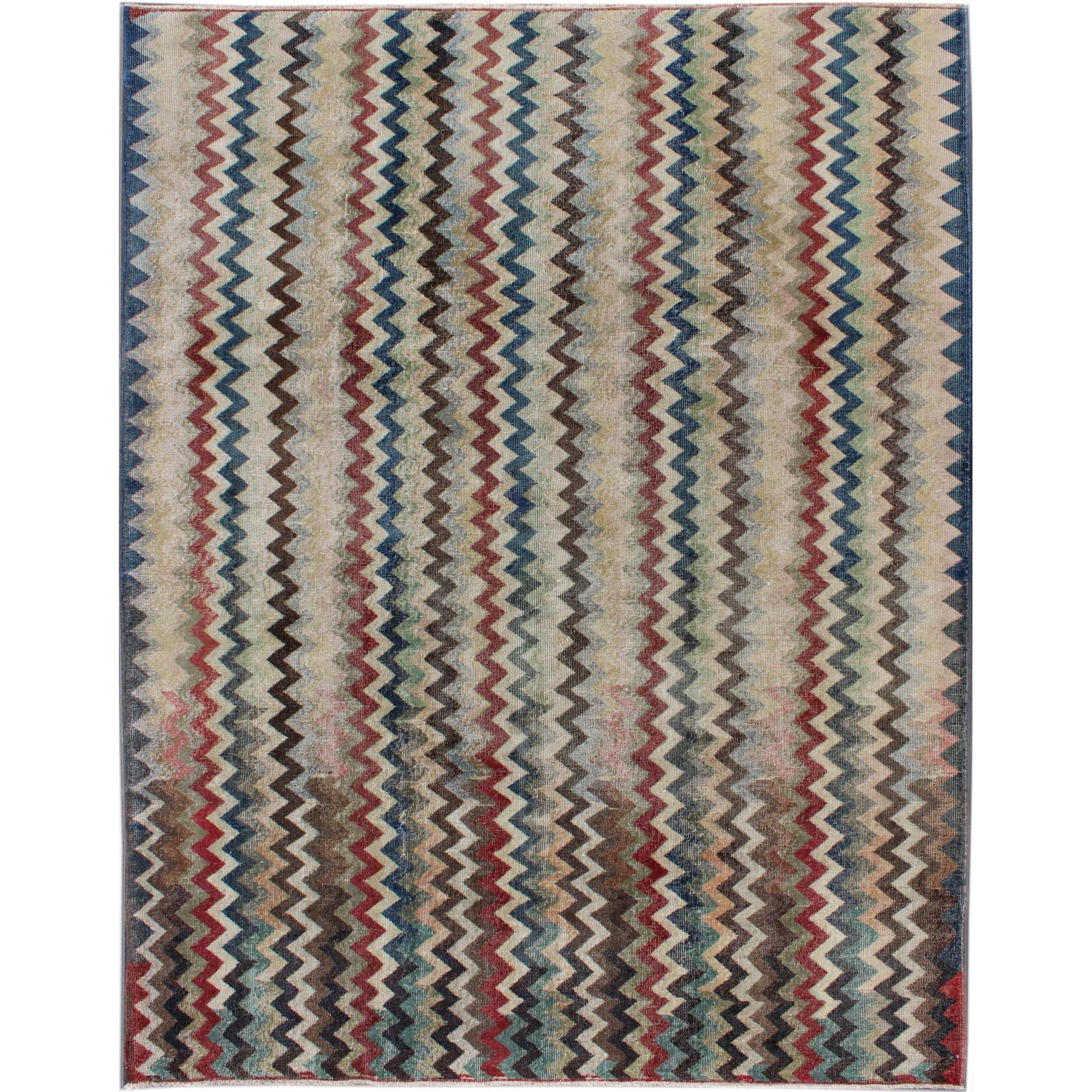 Mid-Century Modern Rug in Navy, Red, Green, Brown & Ivory For Sale