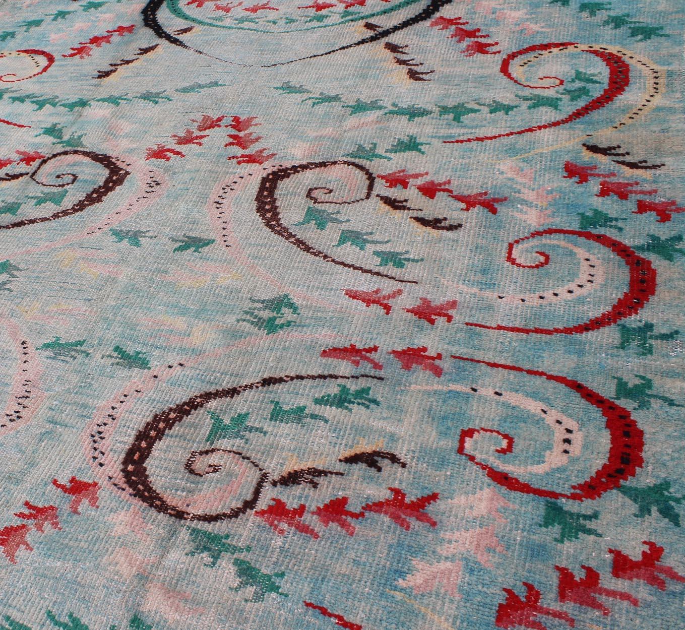 Mid-Century Modern-Teppich in Blautönen mit Akzentfarben in Schwarz und Rosa (Wolle) im Angebot