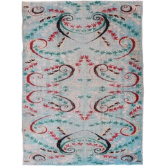 Mid-Century Modern Rug in Shades of Blue with Accent colors of Black & pink