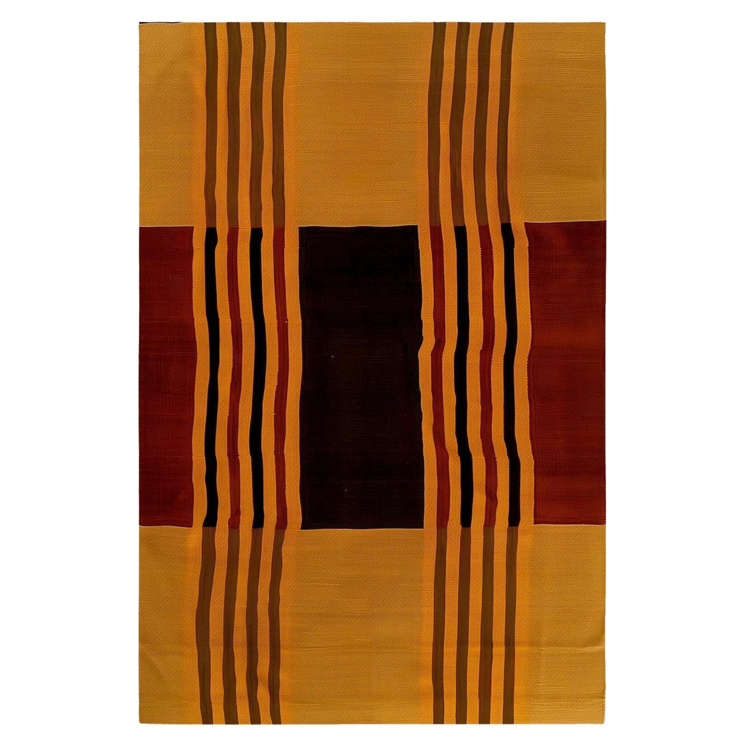 Alfombra Moderna de Mitad de Siglo Patrón de Rayas Orgánico Rojo, Marrón, Naranja, Amarillo, Negro