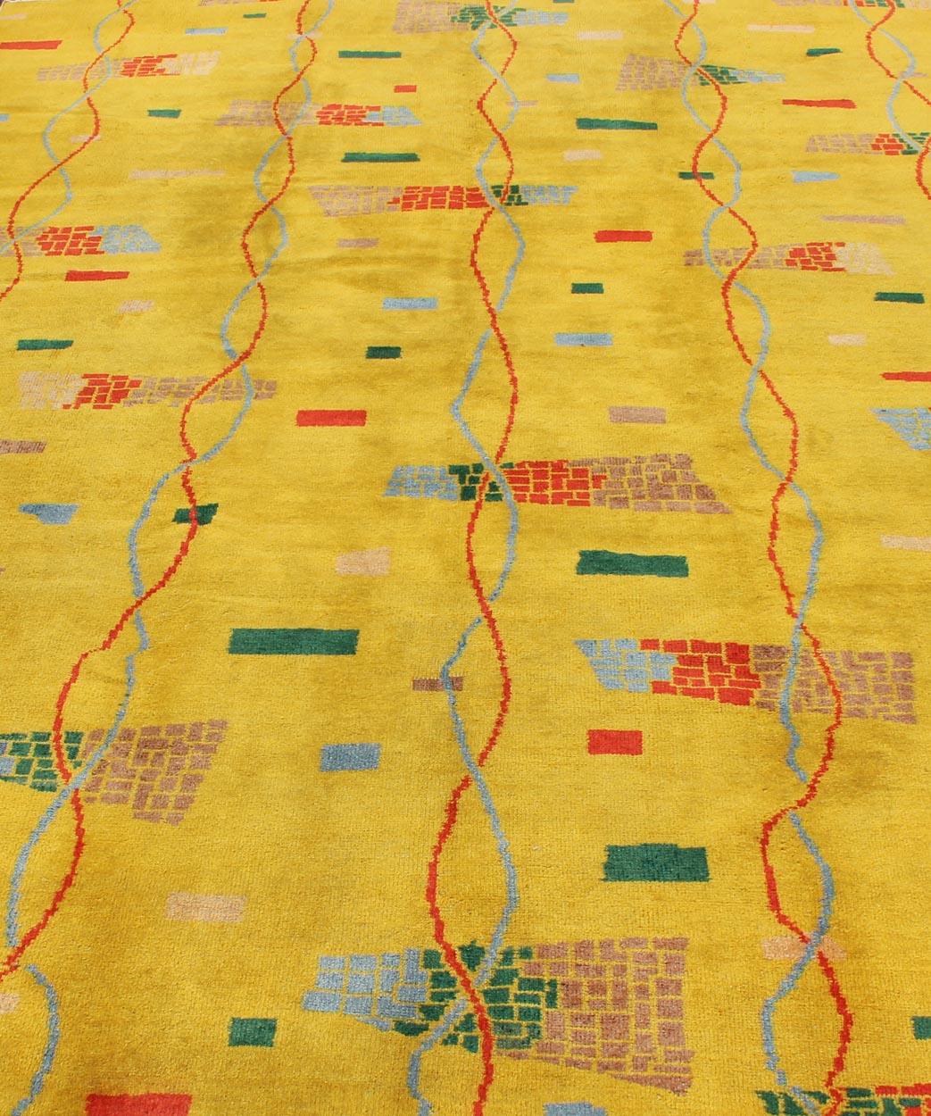 Mid-Century Modern Rug, Turkish Carpet in Bright Yellow, Red, Blue, Green & Pink For Sale 2