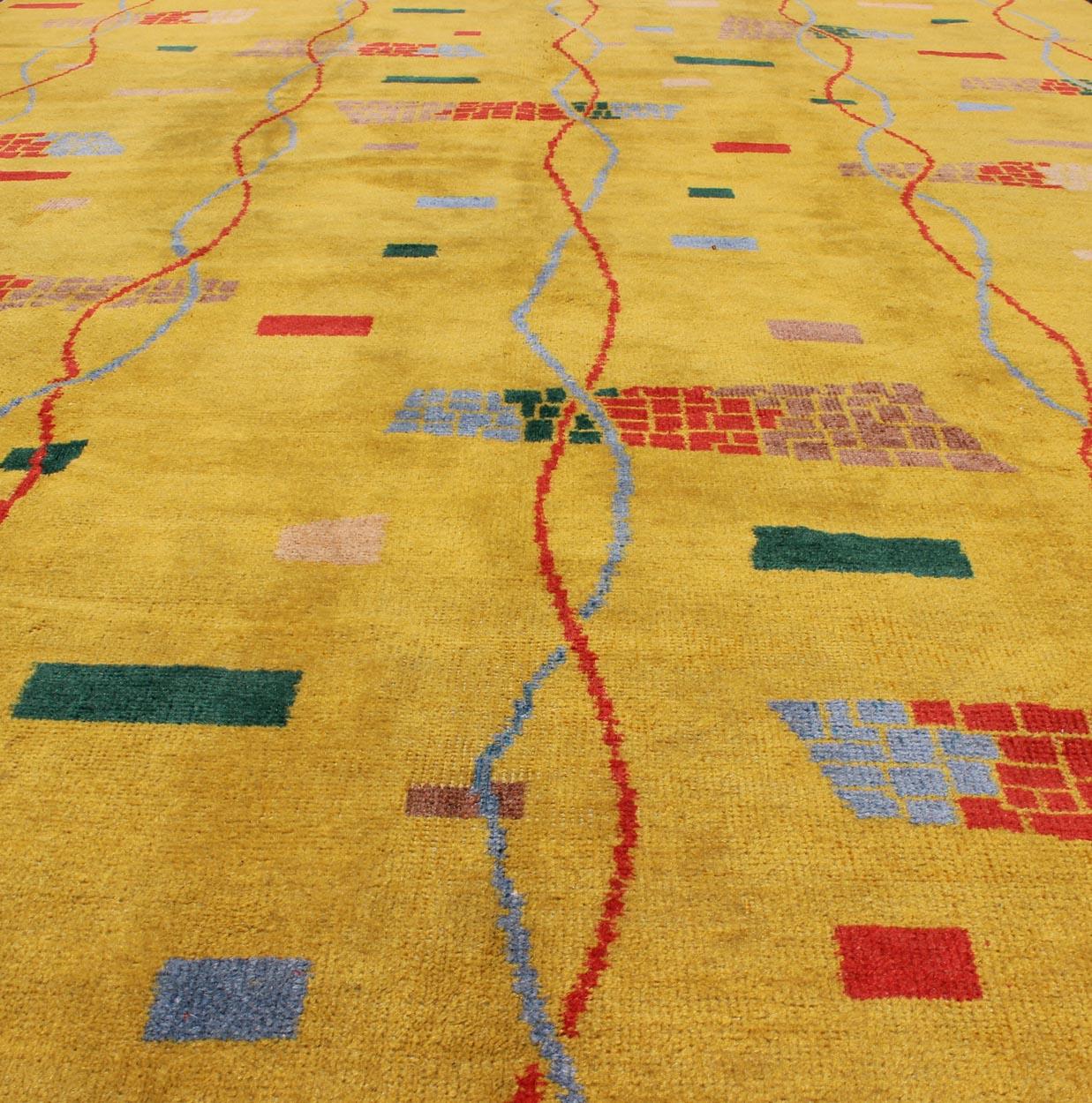 Mid-Century Modern Rug, Turkish Carpet in Bright Yellow, Red, Blue, Green & Pink For Sale 3