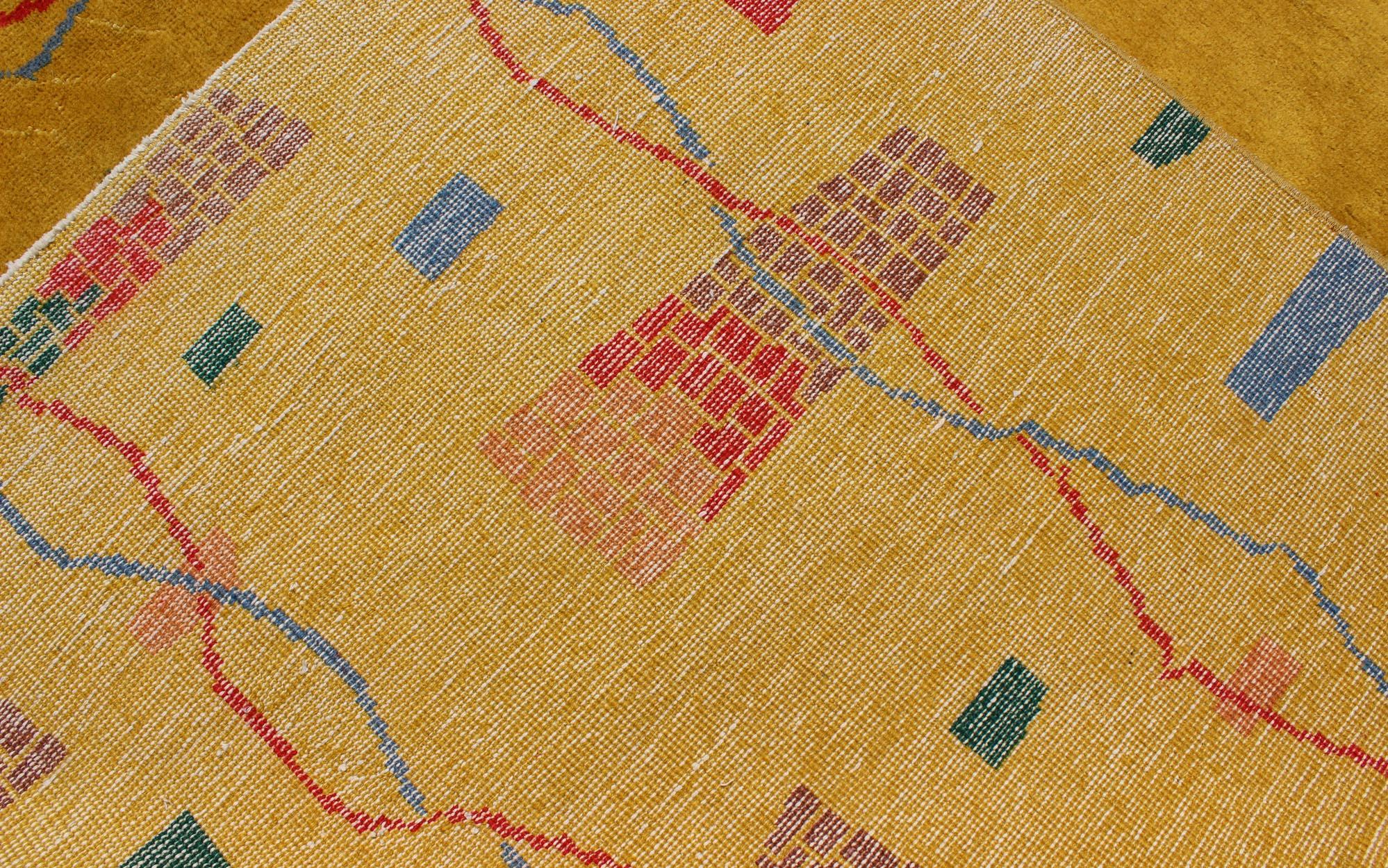 Mid-Century Modern Rug, Turkish Carpet in Bright Yellow, Red, Blue, Green & Pink For Sale 5