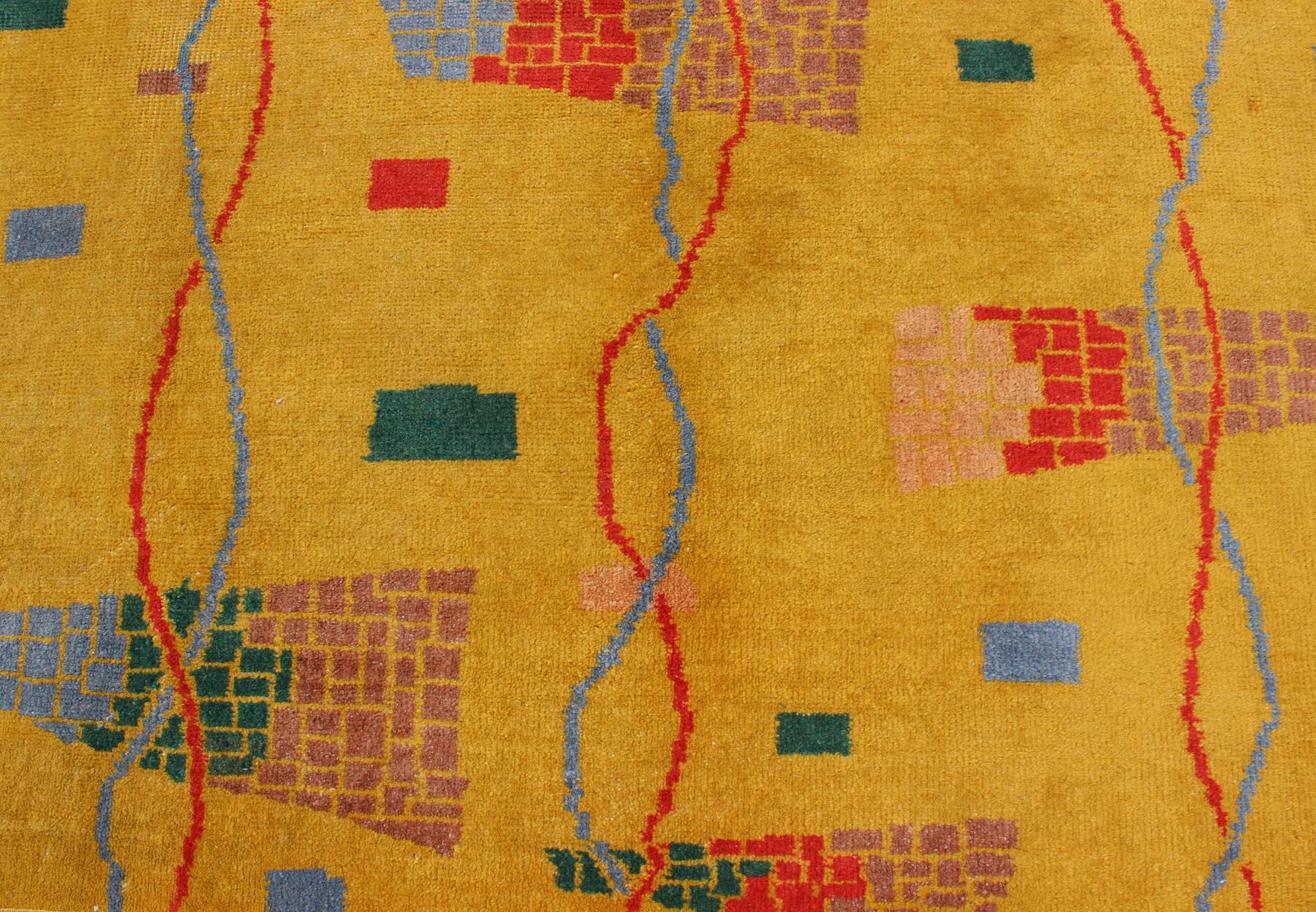 Mid-Century Modern Rug, Turkish Carpet in Bright Yellow, Red, Blue, Green & Pink In Excellent Condition For Sale In Atlanta, GA