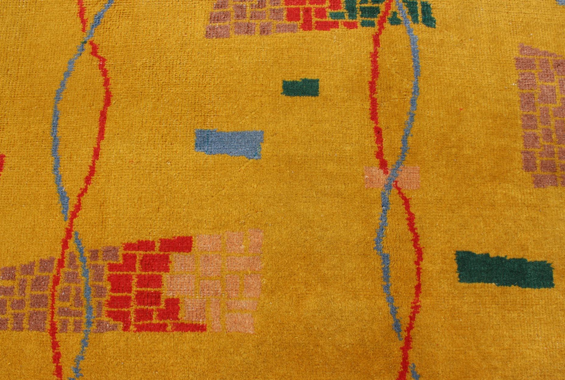Wool Mid-Century Modern Rug, Turkish Carpet in Bright Yellow, Red, Blue, Green & Pink For Sale