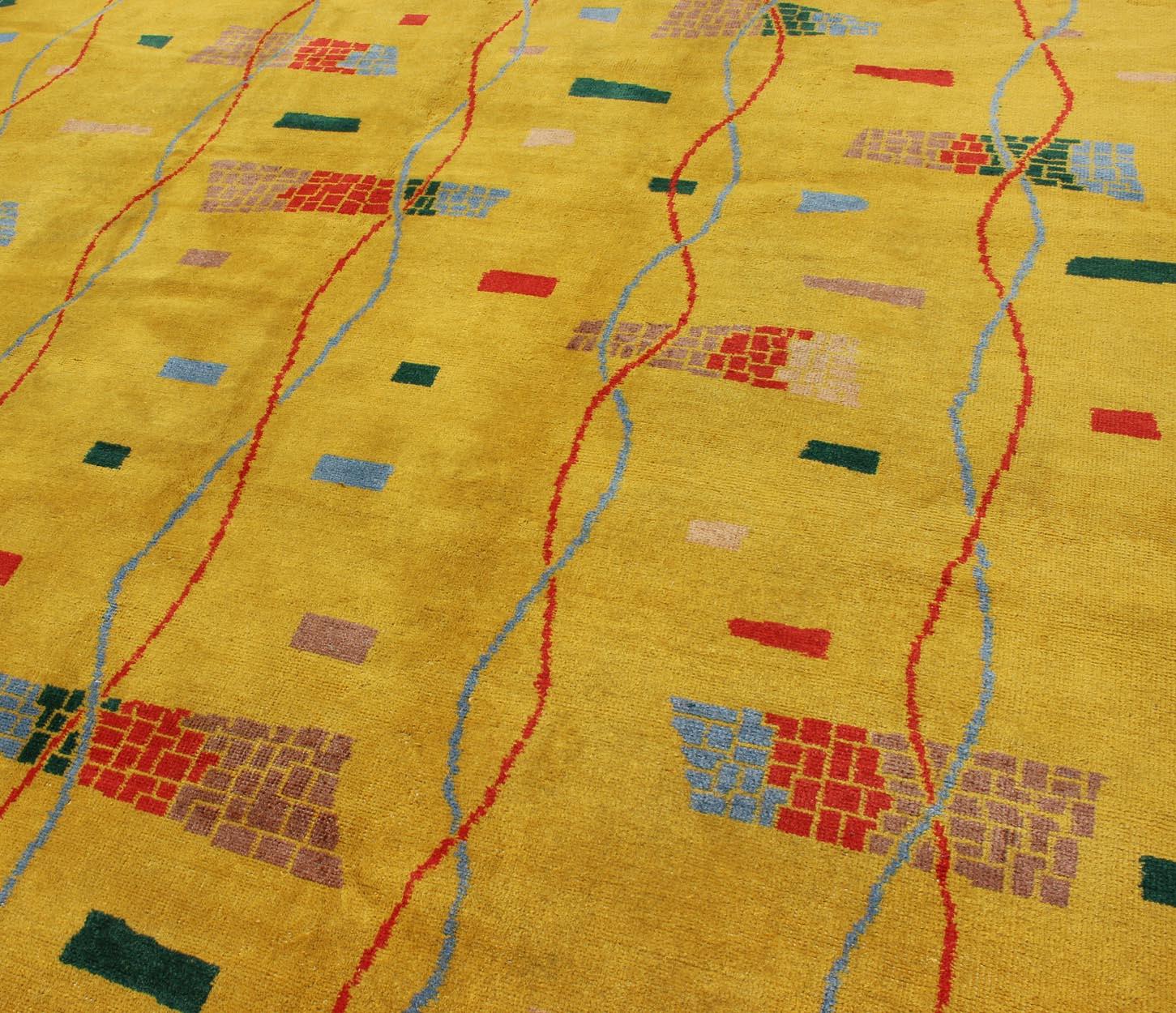 Mid-Century Modern Rug, Turkish Carpet in Bright Yellow, Red, Blue, Green & Pink For Sale 1