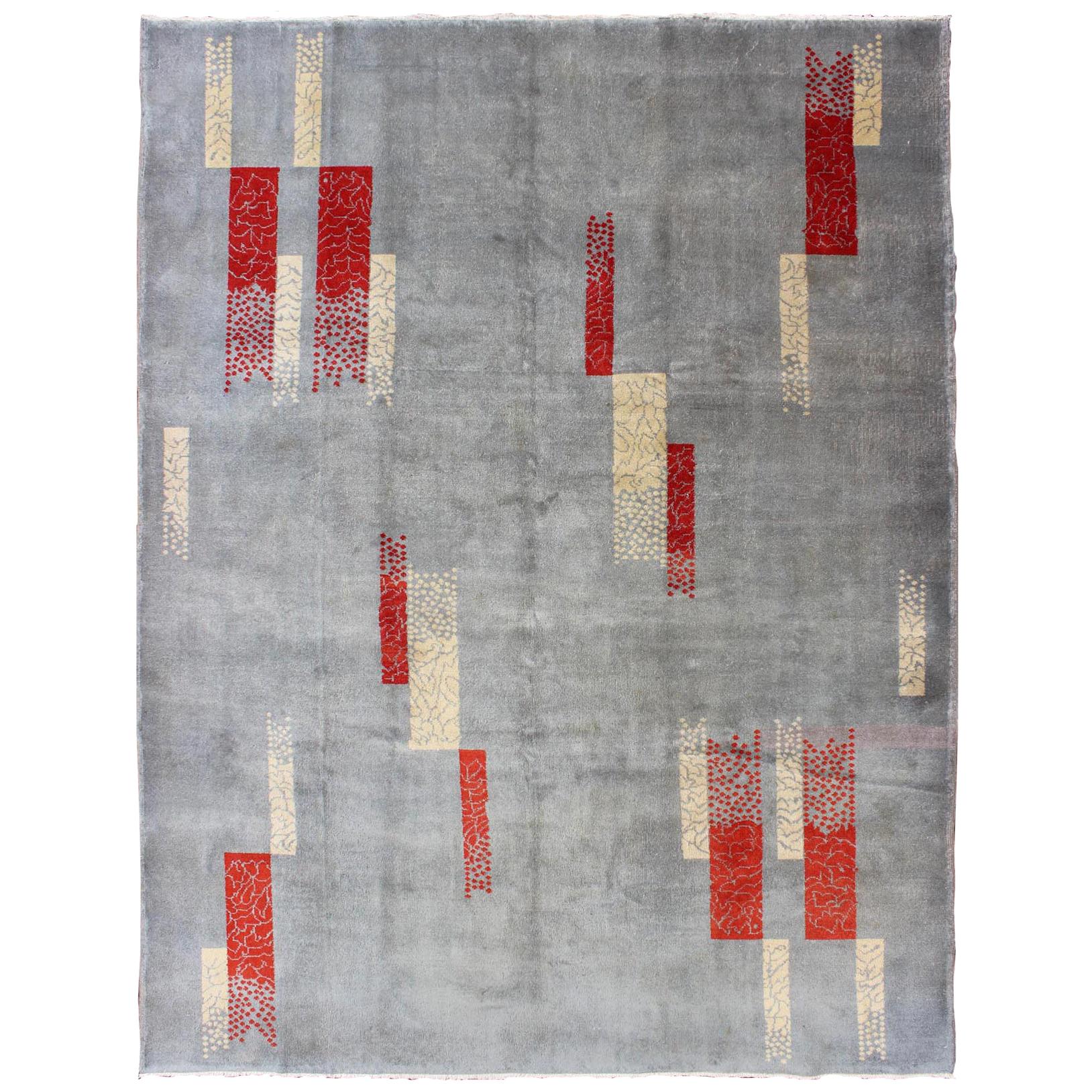 Mid-Century Modern Rug with Abstract Design in Gray Blue Background, Red, Cream For Sale