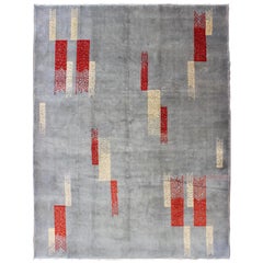 Retro Mid-Century Modern Rug with Abstract Design in Gray Blue Background, Red, Cream