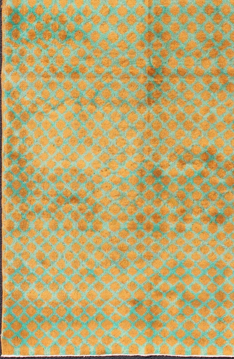 Mid-Century Modern rug with all-over diamond design in orange and teal, rug mtu-11, country of origin / type: Turkey / Mid-Century Modern, circa mid-20th century.

Set on an orange field with an all-over modern/Mid-Century Modern pattern, this