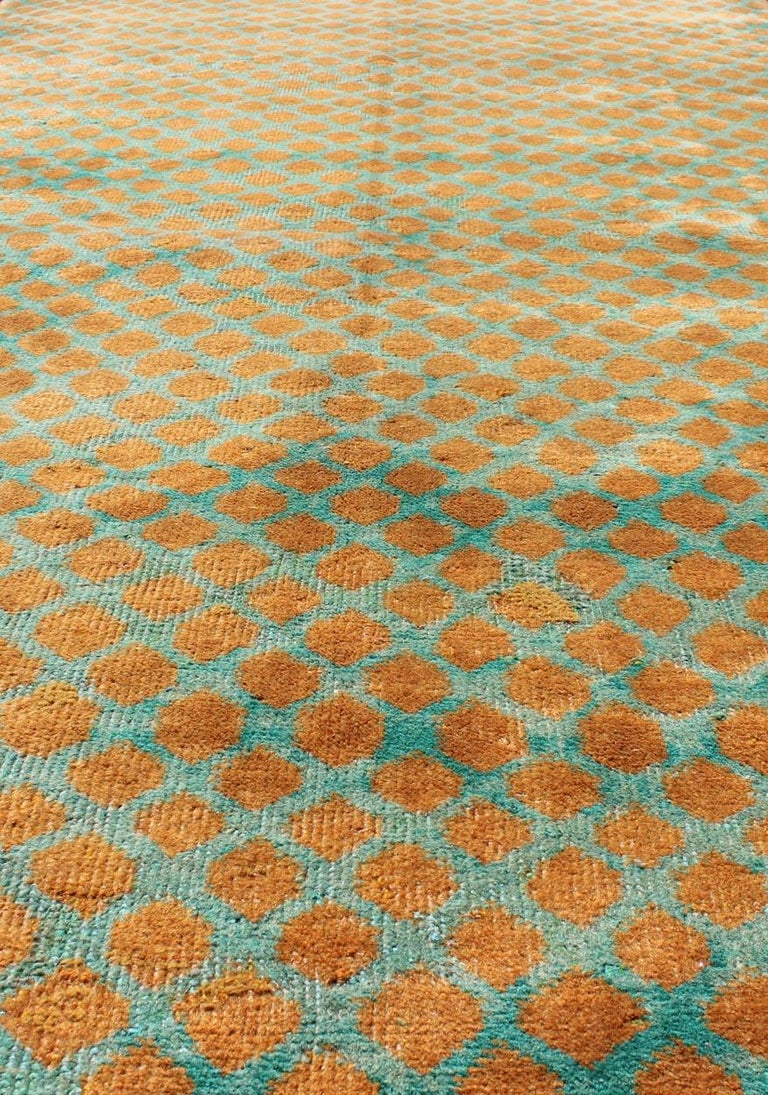 MidCentury Modern Rug with AllOver Diamond Design in Orange and Teal For Sale at 1stdibs