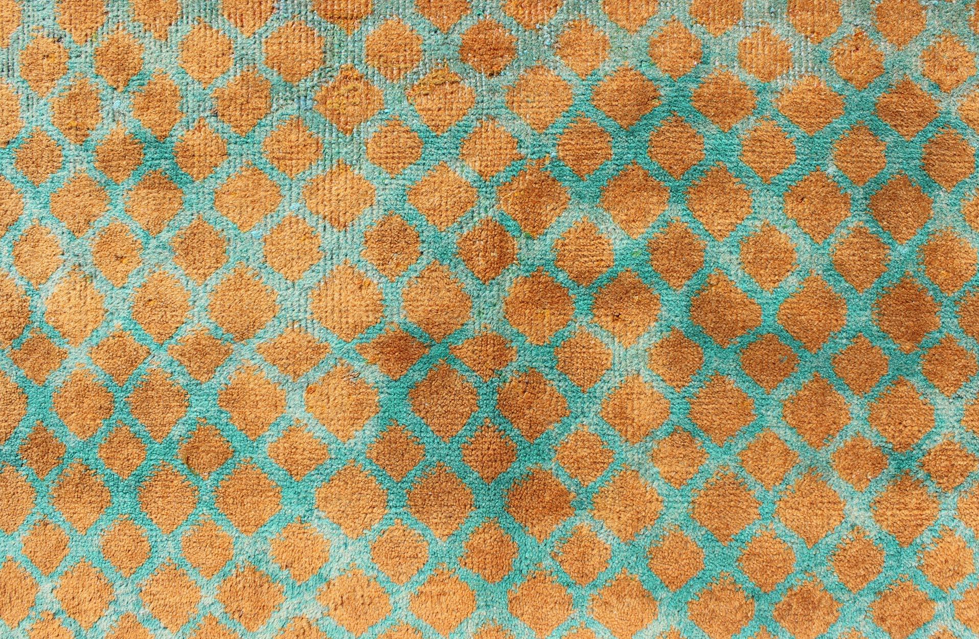 Hand-Knotted Mid-Century Modern Rug with All-Over Design in Orange and Teal For Sale