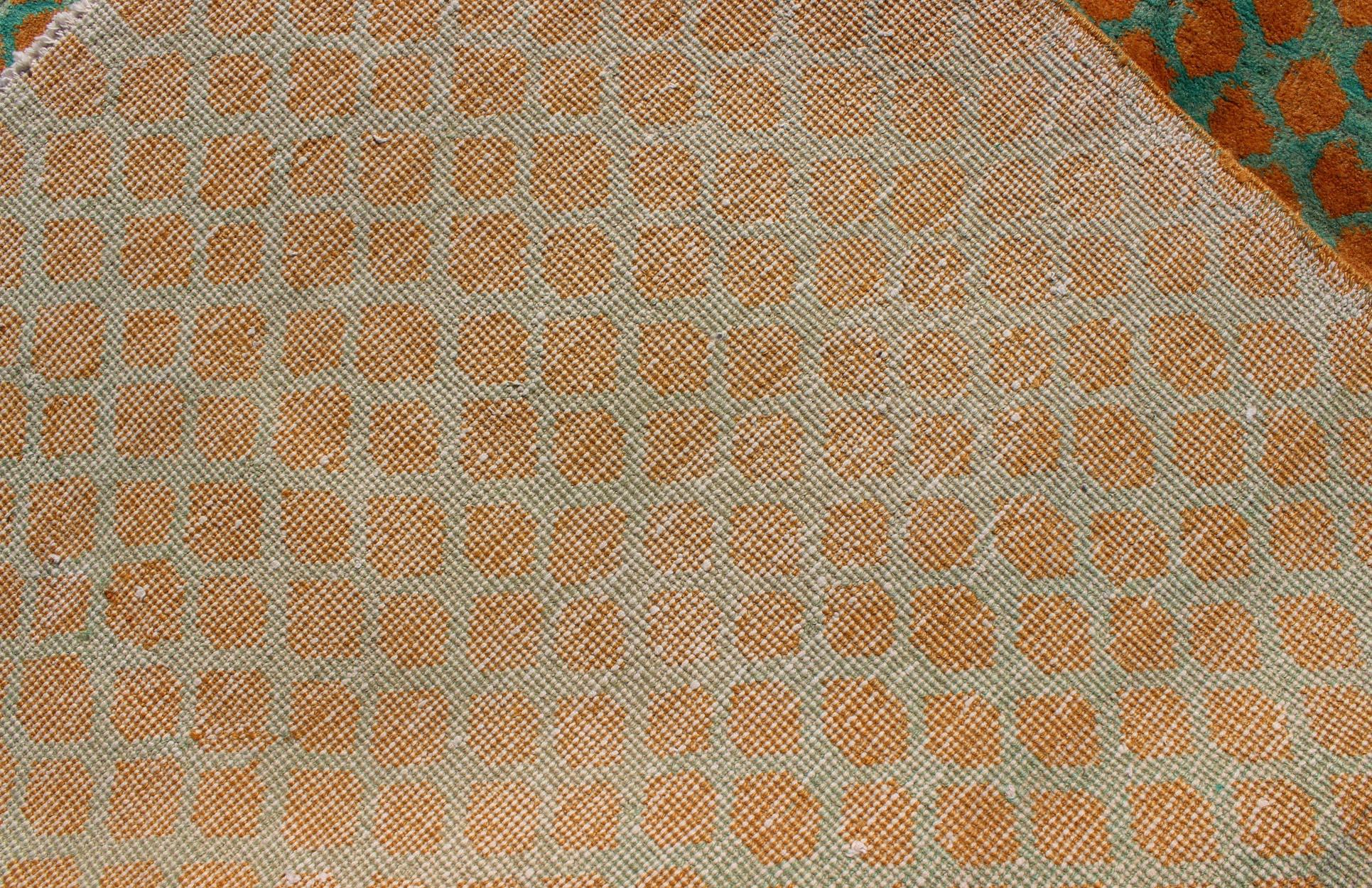 Mid-Century Modern Rug with All-Over Design in Orange and Teal In Excellent Condition For Sale In Atlanta, GA