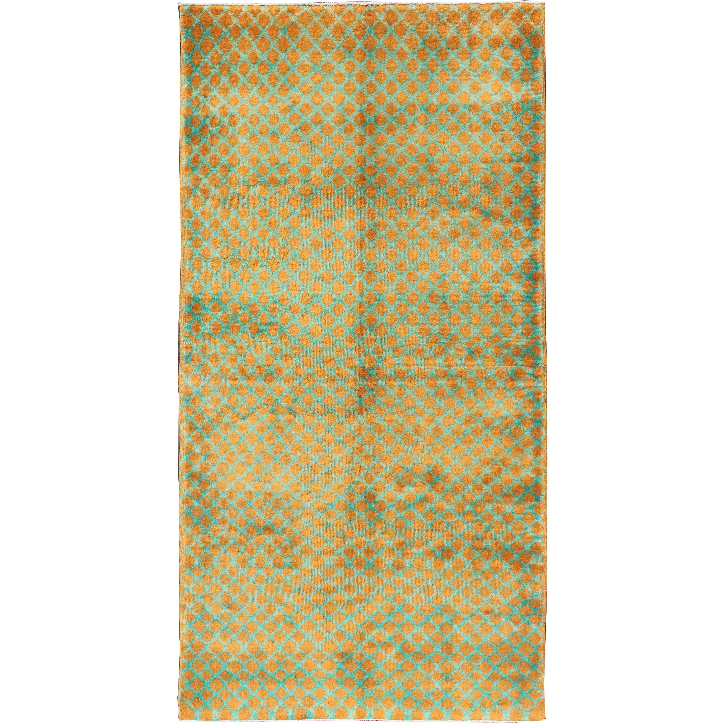 Mid-Century Modern Rug with All-Over Design in Orange and Teal
