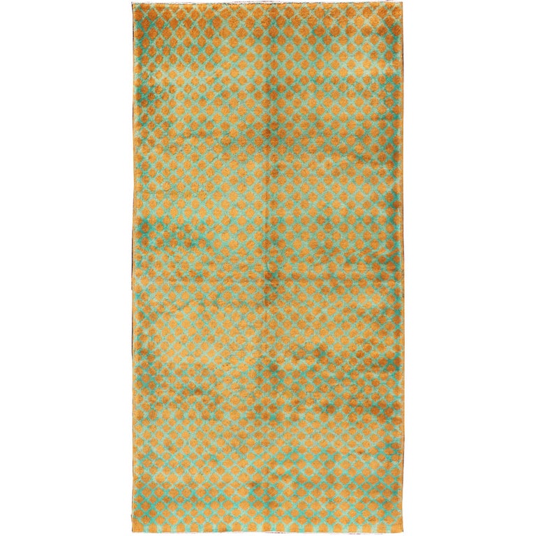 MidCentury Modern Rug with AllOver Design in Orange and Teal For Sale at 1stDibs
