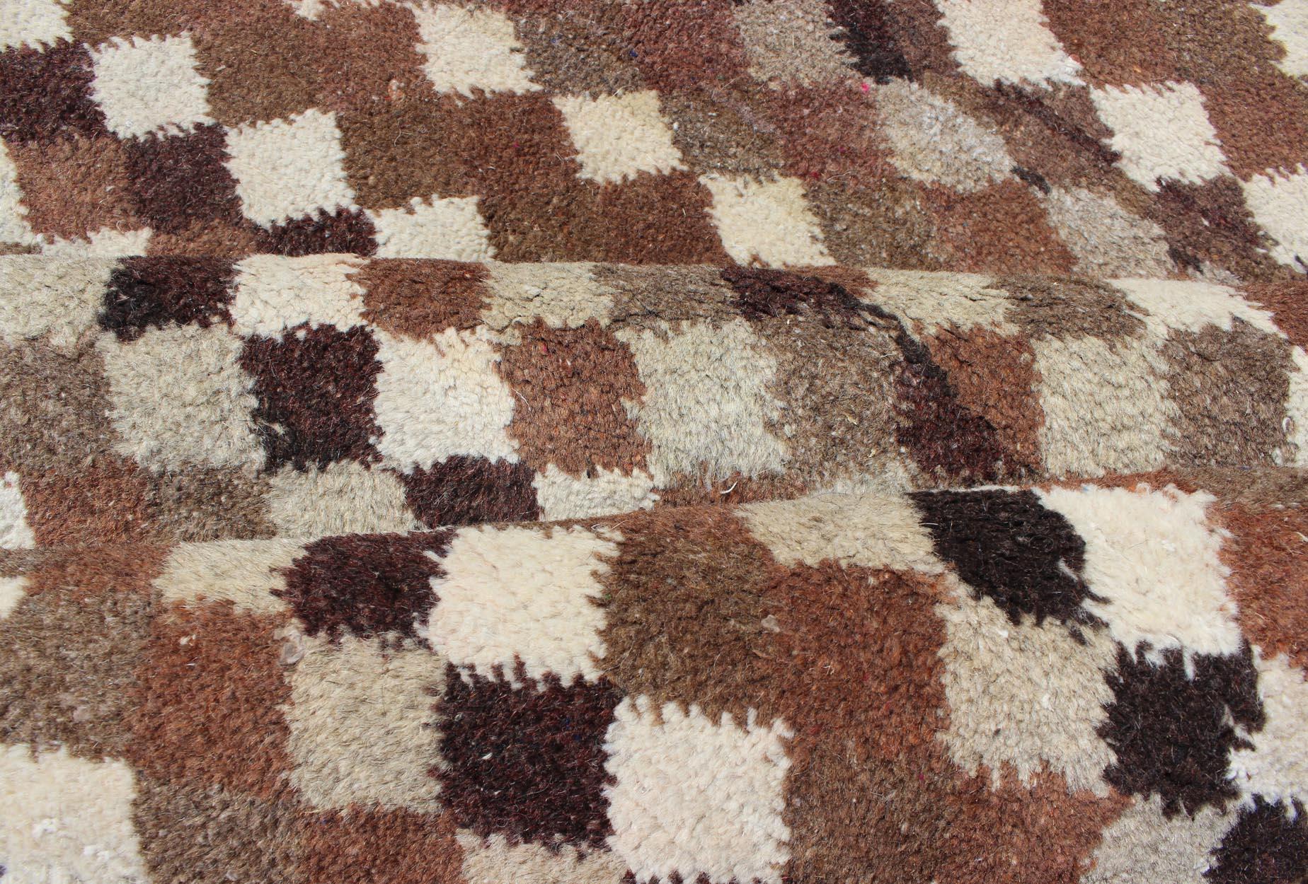 Hand-Knotted Mid-Century Modern Rug with All-Over Checkerboard Pattern in Multi Brown Tones For Sale