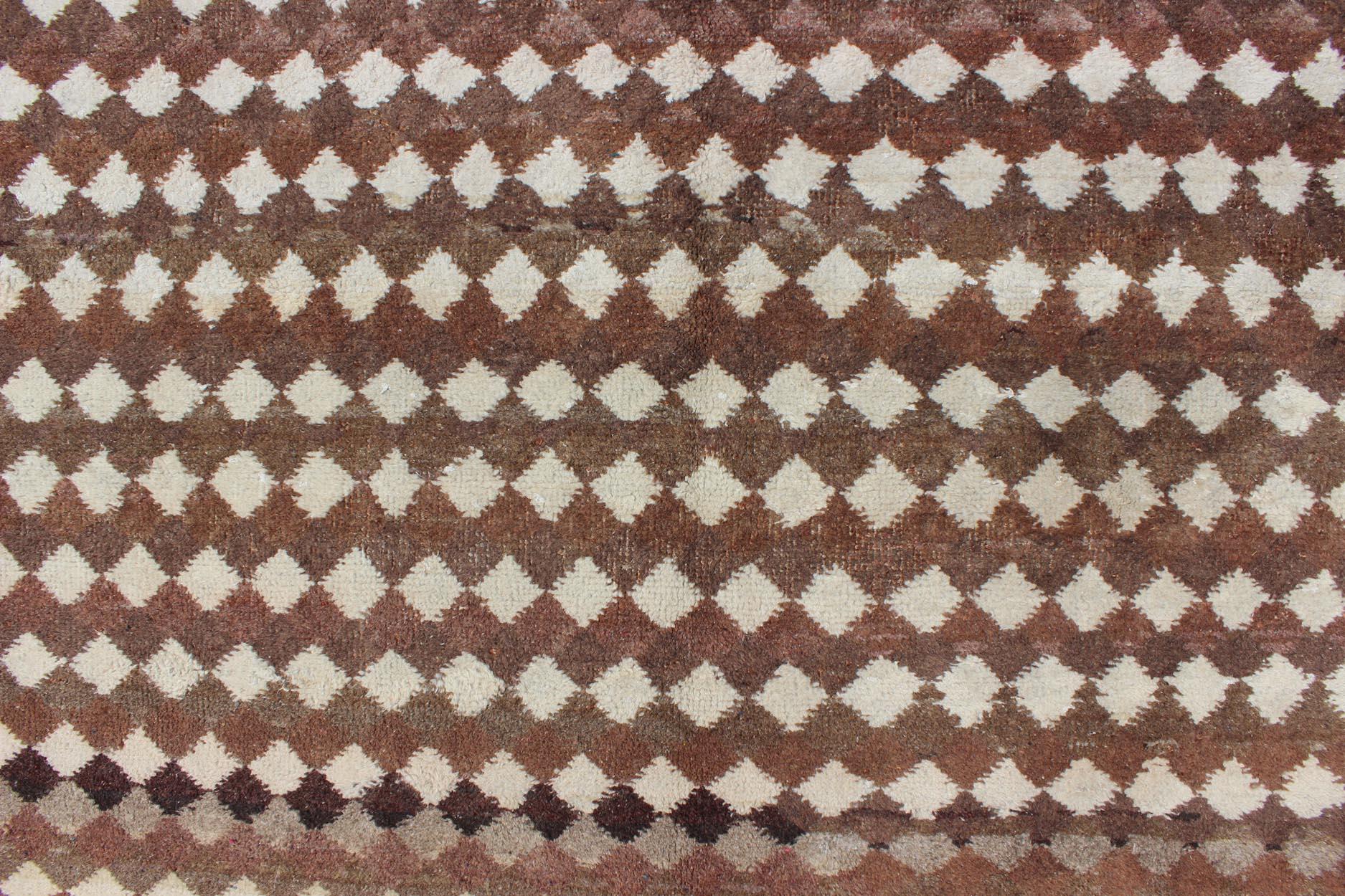 Wool Mid-Century Modern Rug with All-Over Checkerboard Pattern in Multi Brown Tones For Sale