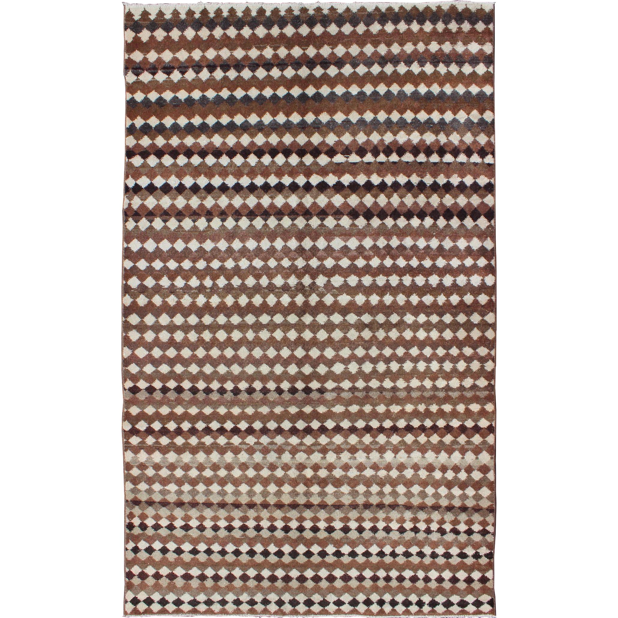 Mid-Century Modern Rug with All-Over Checkerboard Pattern in Multi Brown Tones