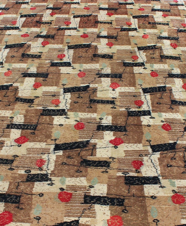 MidCentury Modern Rug with Jagged Stripes and Blocks Design in Brown