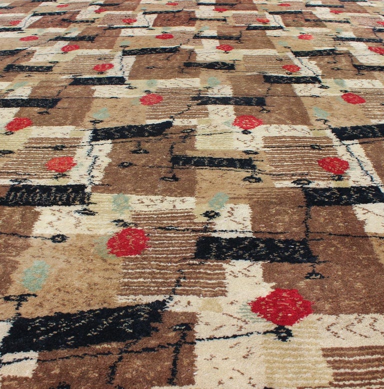 MidCentury Modern Rug with Jagged Stripes and Blocks Design in Brown and Red For Sale at 1stDibs