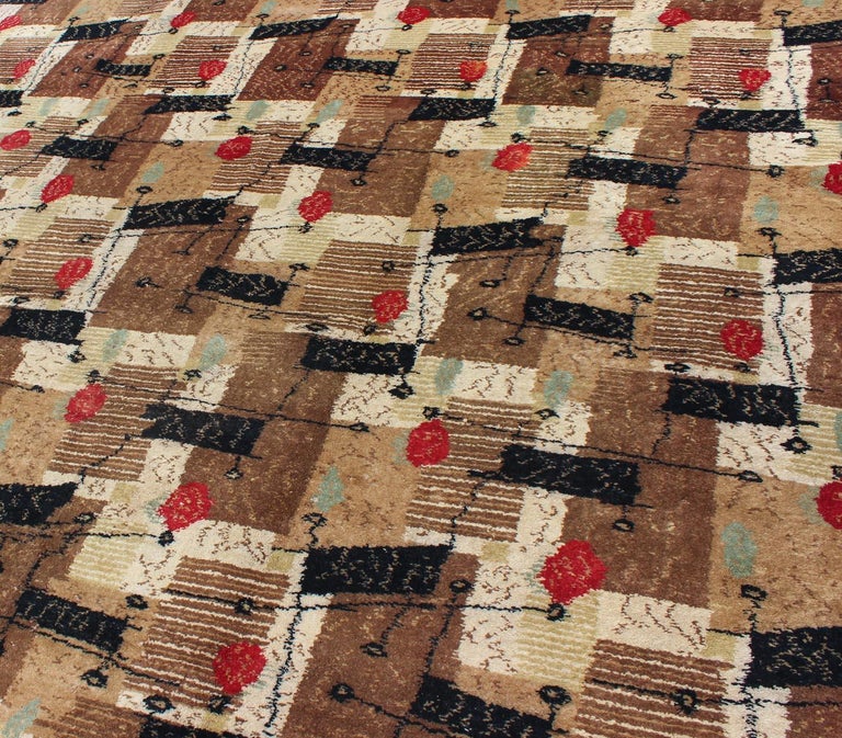 MidCentury Modern Rug with Jagged Stripes and Blocks Design in Brown