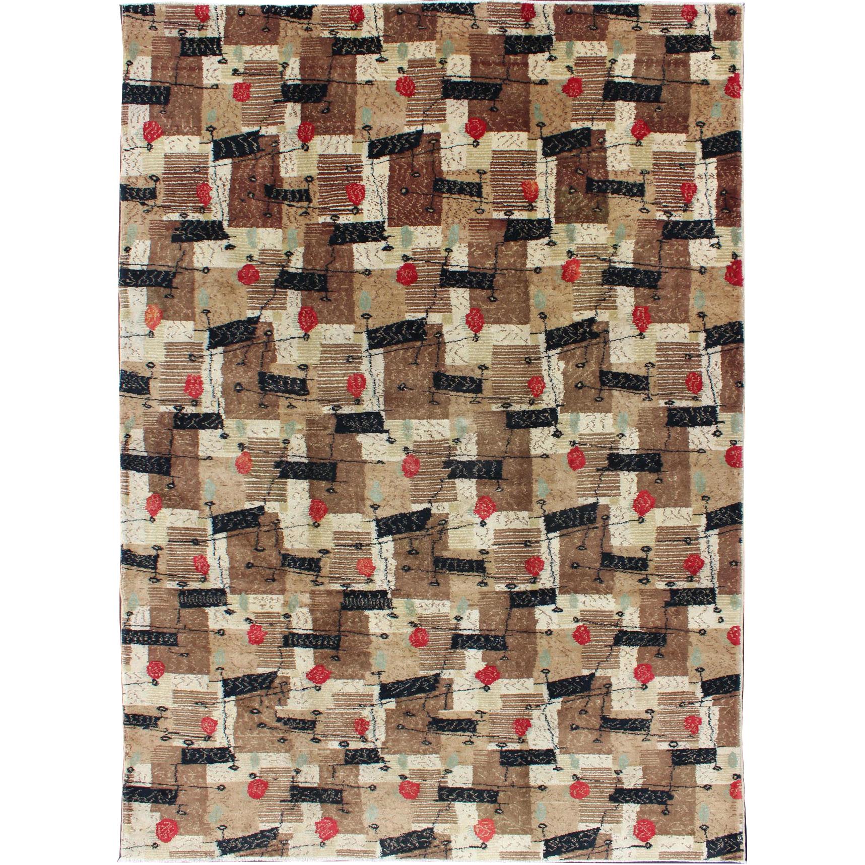 Mid-Century Modern Rug with Jagged Stripes and Blocks Design in Brown and Red For Sale