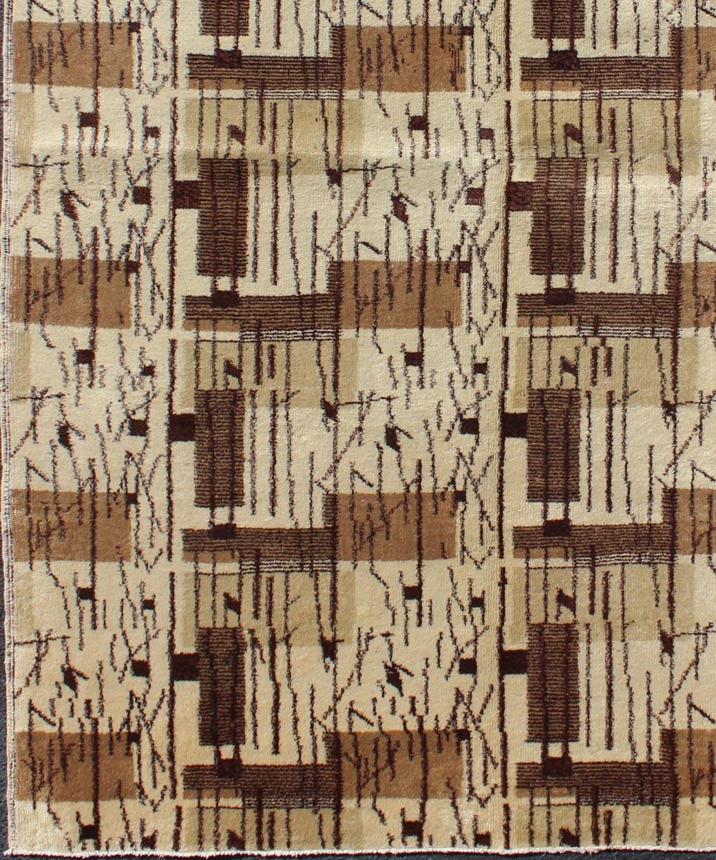 Turkish Mid-Century Modern Rug with Jagged Stripes and Blocks Design in Shades of Brown For Sale