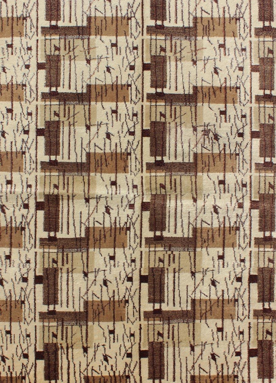 Hand-Knotted Mid-Century Modern Rug with Jagged Stripes and Blocks Design in Shades of Brown For Sale