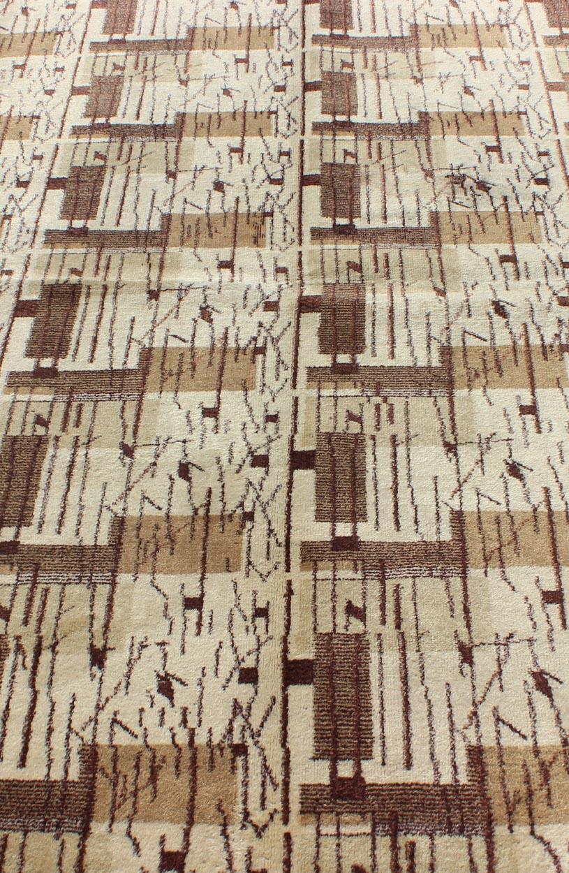 20th Century Mid-Century Modern Rug with Jagged Stripes and Blocks Design in Shades of Brown For Sale