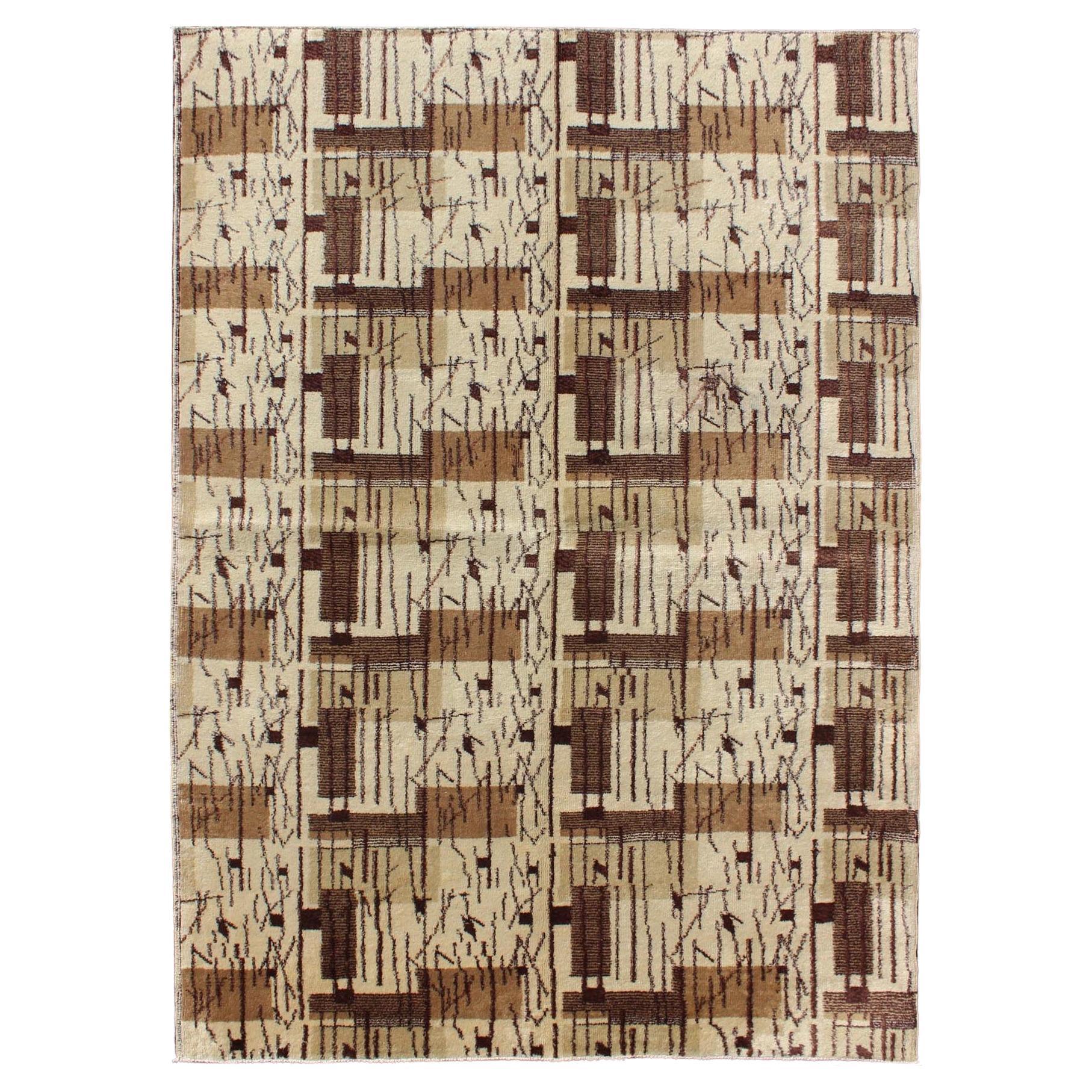 Mid-Century Modern Rug with Jagged Stripes and Blocks Design in Shades of Brown For Sale