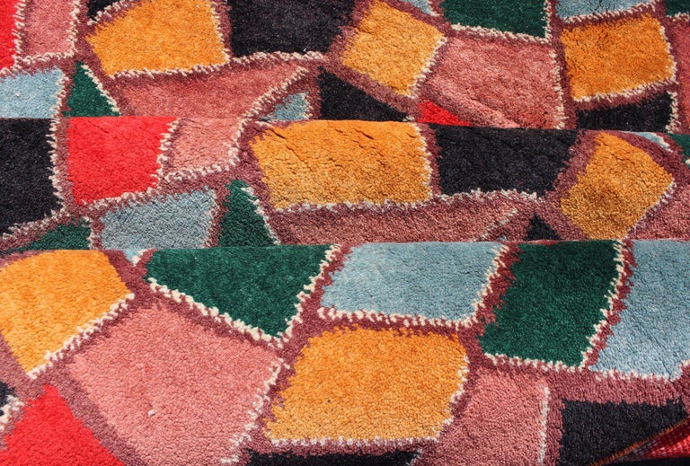 MidCentury Modern Rug with Mosaic Design in Red, Yellow, Pink, Blue