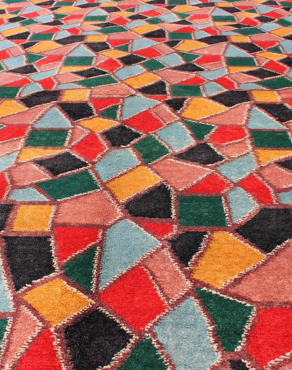 Hand-Knotted Mid-Century Modern Design Rug inspired by Stained glass & Unique Complexion  For Sale