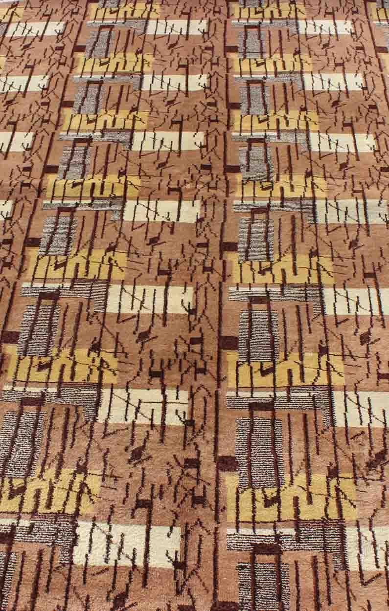 Oushak Mid-Century Modern Rug with Stripes and Blocks Design in Brown, Gray and Yellow For Sale