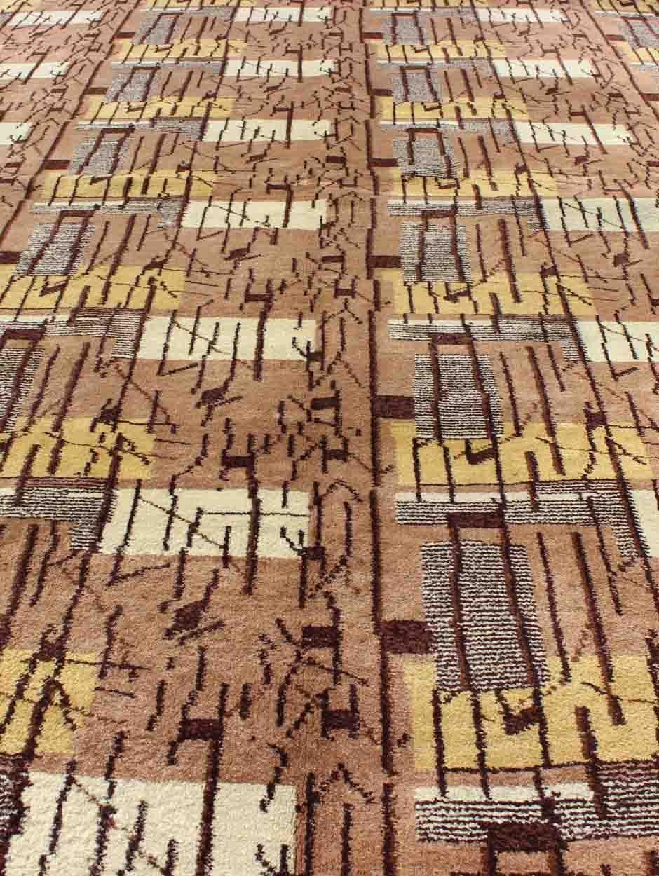Turkish Mid-Century Modern Rug with Stripes and Blocks Design in Brown, Gray and Yellow For Sale