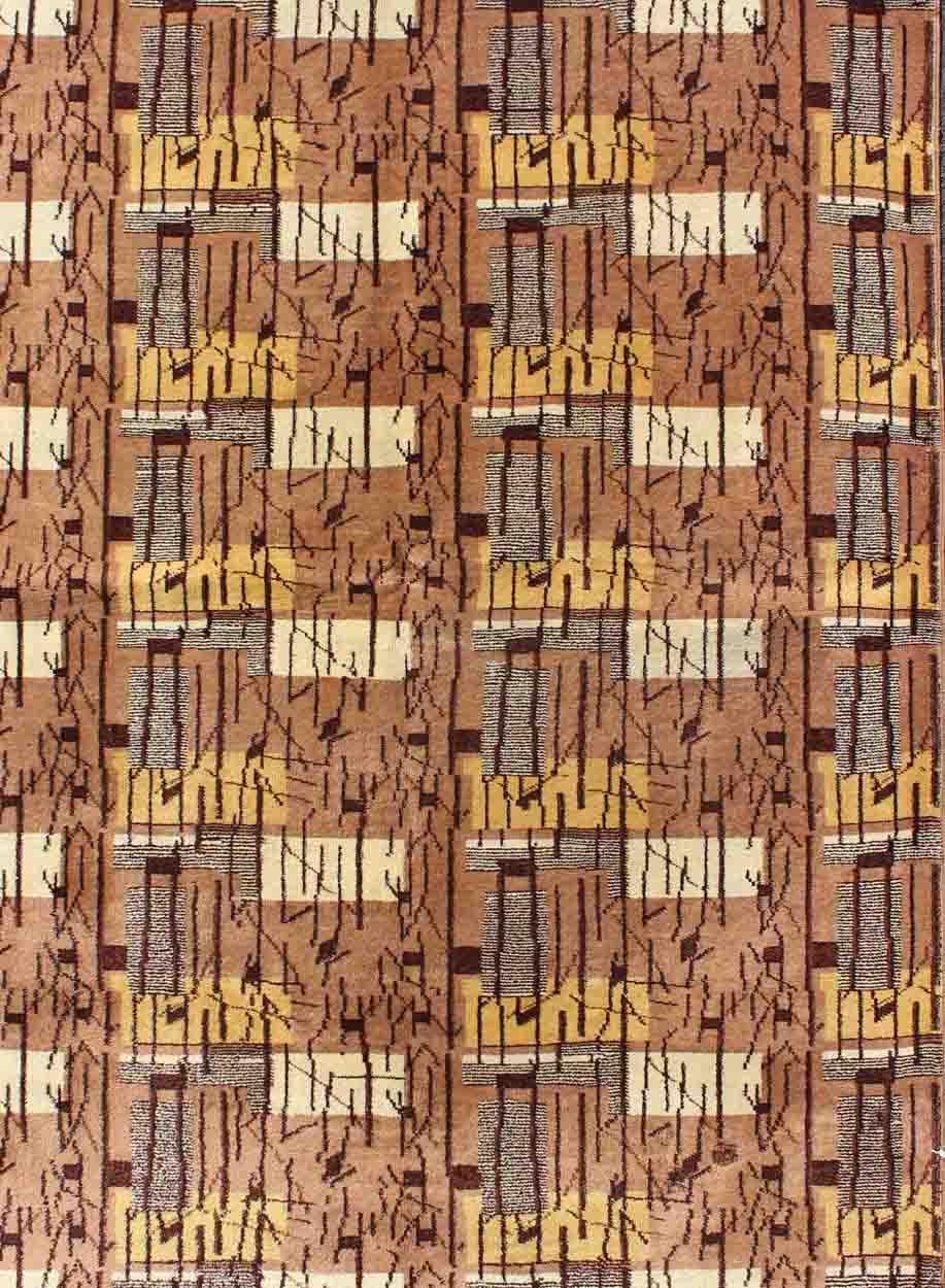 Mid-Century Modern Rug with Stripes and Blocks Design in Brown, Gray and Yellow In Excellent Condition For Sale In Atlanta, GA